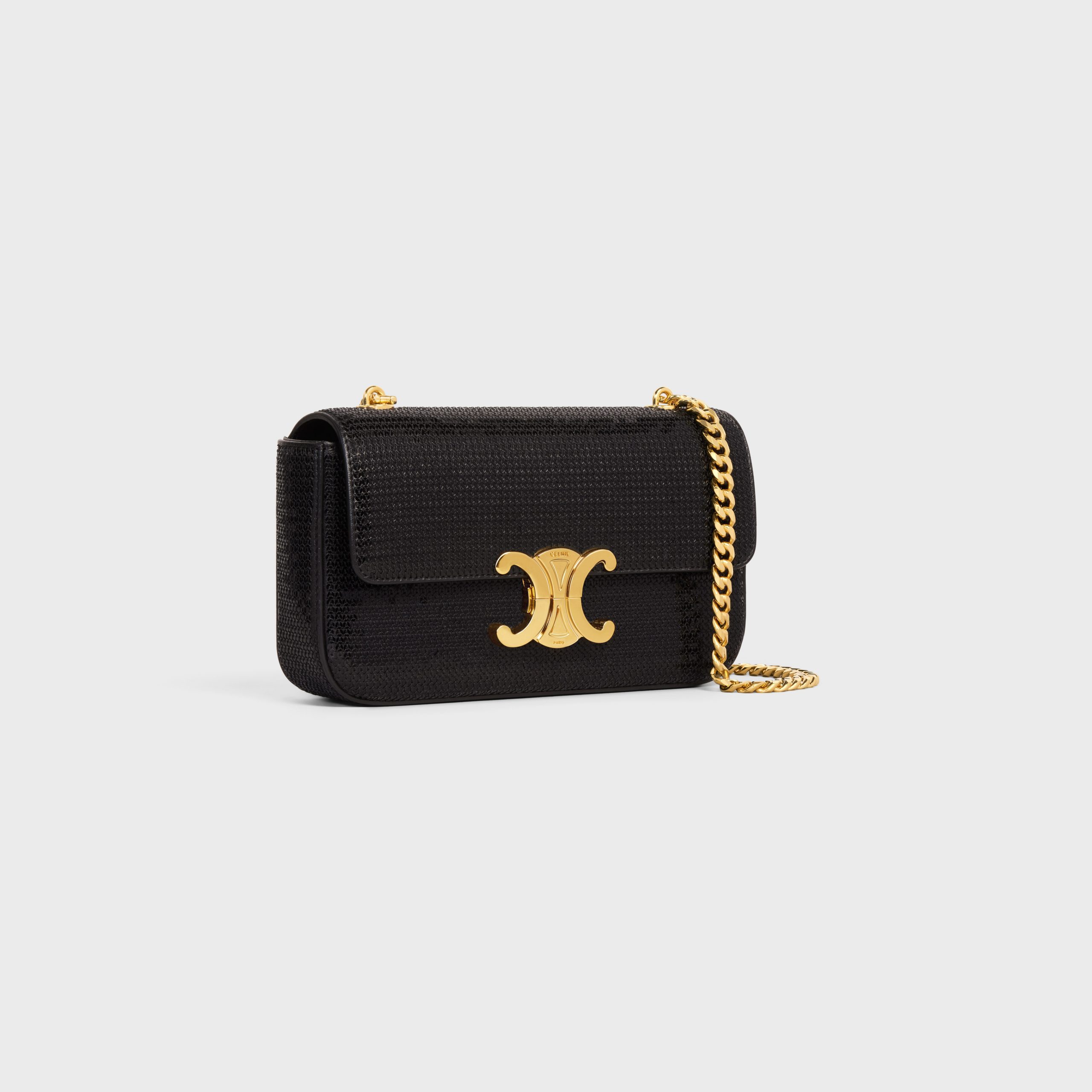 Celine CHAIN SHOULDER BAG Triomphe In SEQUINS AND CALFSKIN – Black – 197993EF5.38NO