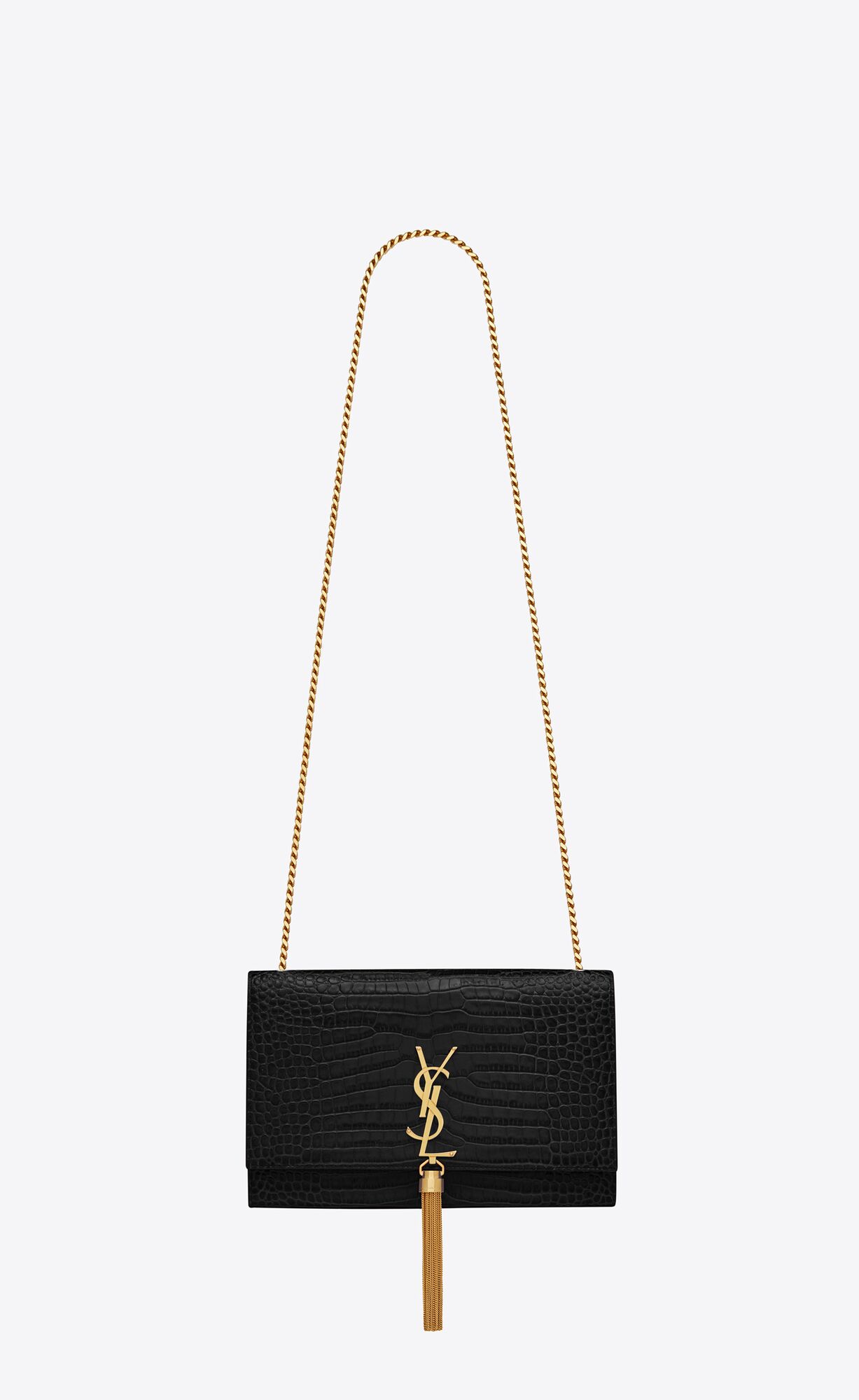 Saint Laurent Kate Medium With Tassel In Crocodile-embossed Shiny Leather – Black – 354119DND0J1000