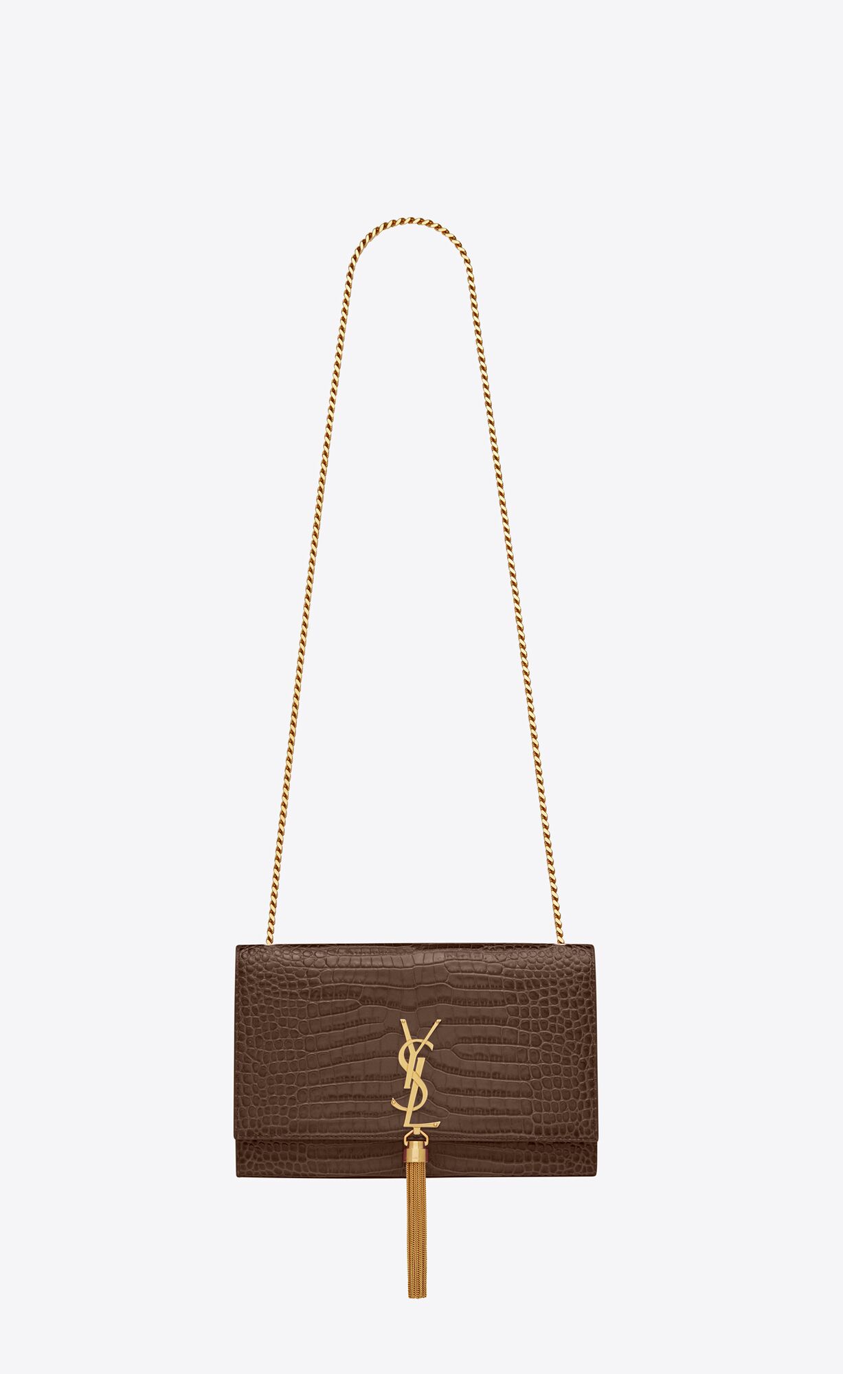 Saint Laurent Kate Medium With Tassel In Shiny Crocodile-embossed Leather – Terre D’ombre – 354119DND0J2159