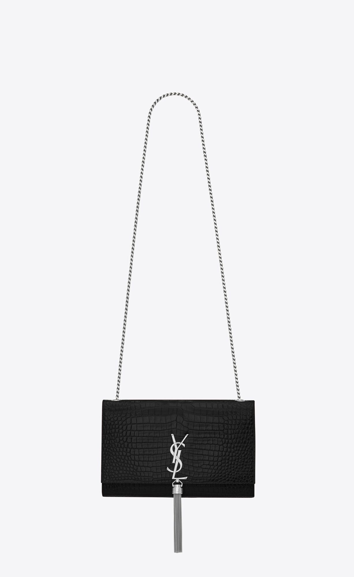 Saint Laurent Kate Medium With Tassel In Embossed Crocodile Shiny Leather – Black – 354119DND0N1000