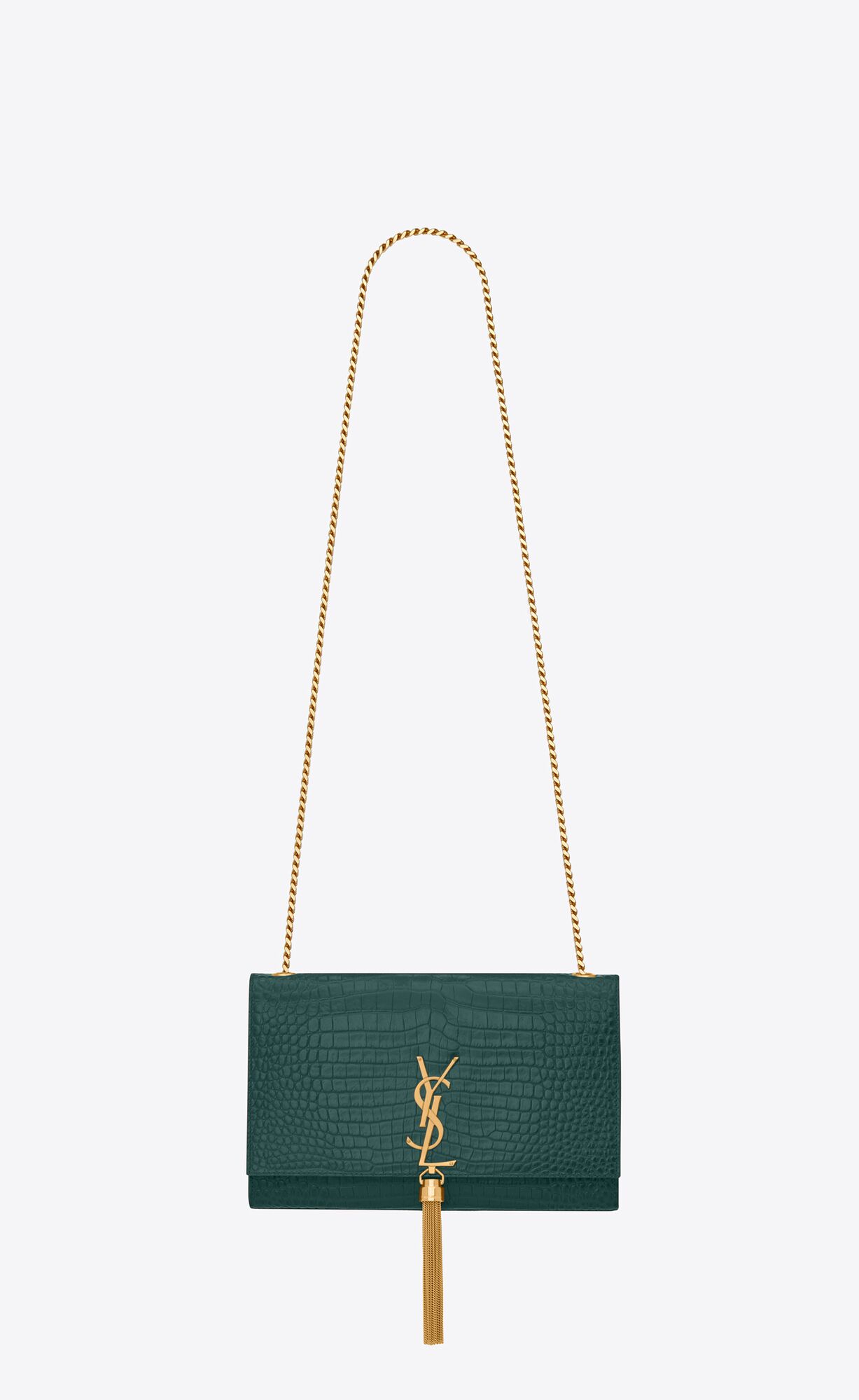 Saint Laurent Kate Medium Chain Bag With Tassel In Shiny Crocodile-embossed Leather – Sea Turquoise – 354119DND0W4417