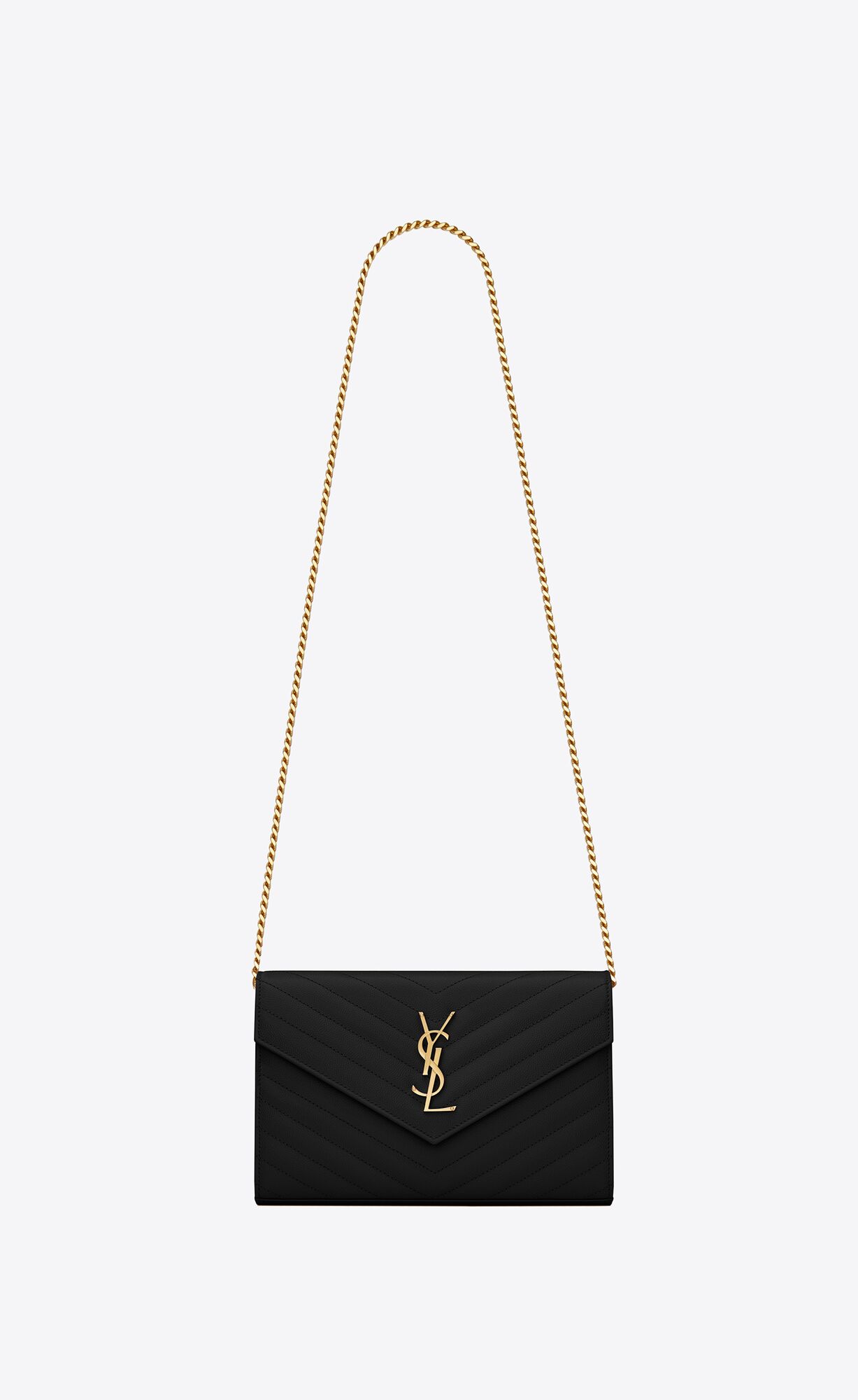 Saint Laurent Cassandre Saint Laurent Matelassé Chain Wallet In Grain De Poudre Embossed Leather – Black – 377828BOW011000