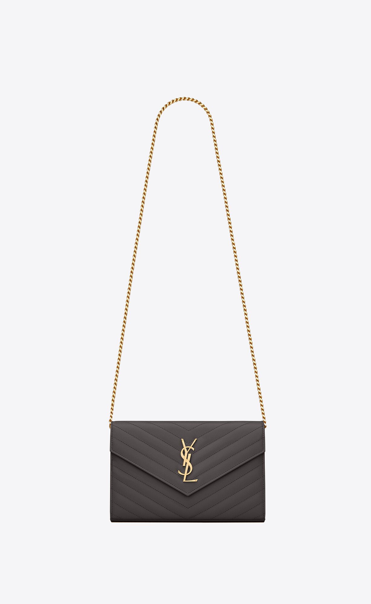 Saint Laurent Cassandre Saint Laurent Matelassé Chain Wallet In Grain De Poudre Embossed Leather – Storm – 377828BOW011112