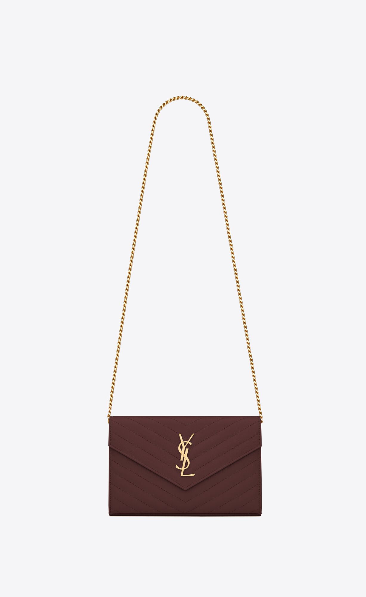 Saint Laurent Cassandre Saint Laurent Matelassé Chain Wallet In Grain De Poudre Embossed Leather – Rouge Legion – 377828BOW016475