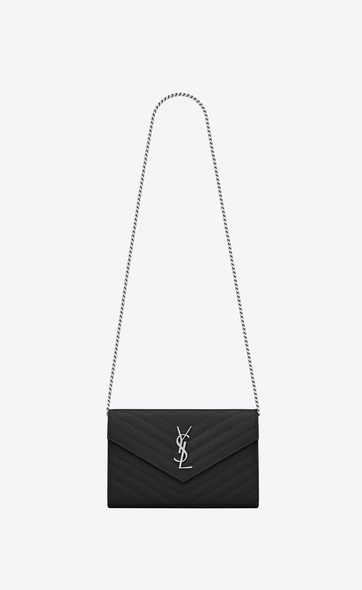 Saint Laurent Cassandre Saint Laurent Matelassé Chain Wallet In Grain De Poudre Embossed Leather – Black – 377828BOW021000