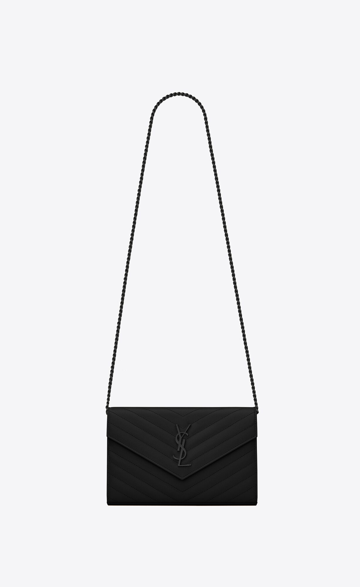 Saint Laurent Cassandre Saint Laurent Matelassé Chain Wallet In Grain De Poudre Embossed Leather – Black – 377828BOW081000
