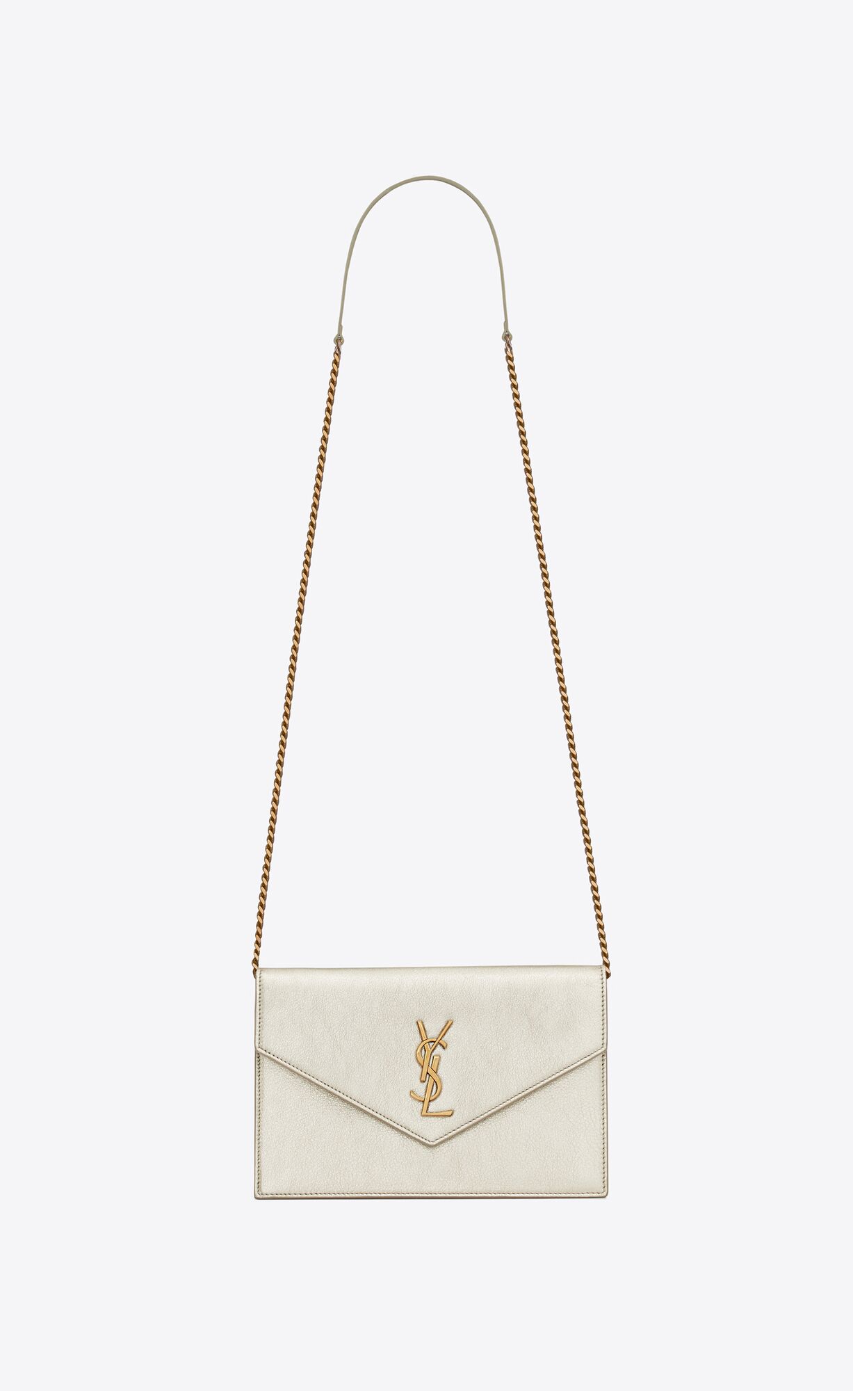 Saint Laurent Envelope Chain Wallet In Metallized Leather – Pale Gold – 402031AAAGI7100