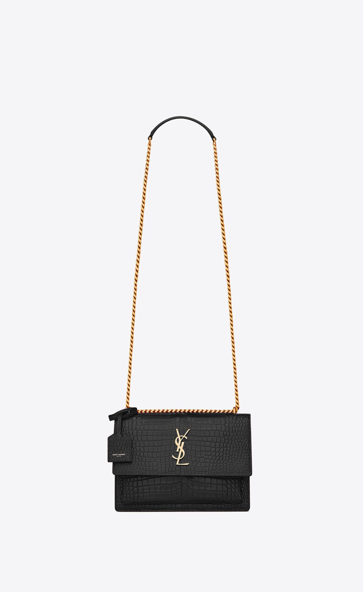 Saint Laurent Sunset Medium Chain Bag In Crocodile Embossed Shiny Leather – Noir – 442906DND0J1000