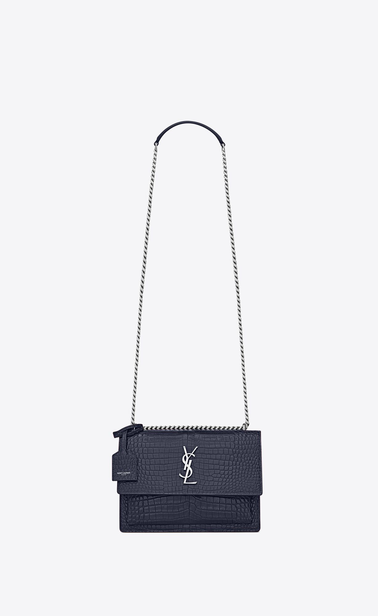 Saint Laurent Sunset Medium Chain Bag In Crocodile Embossed Shiny Leather – Marine – 442906DND0N4147
