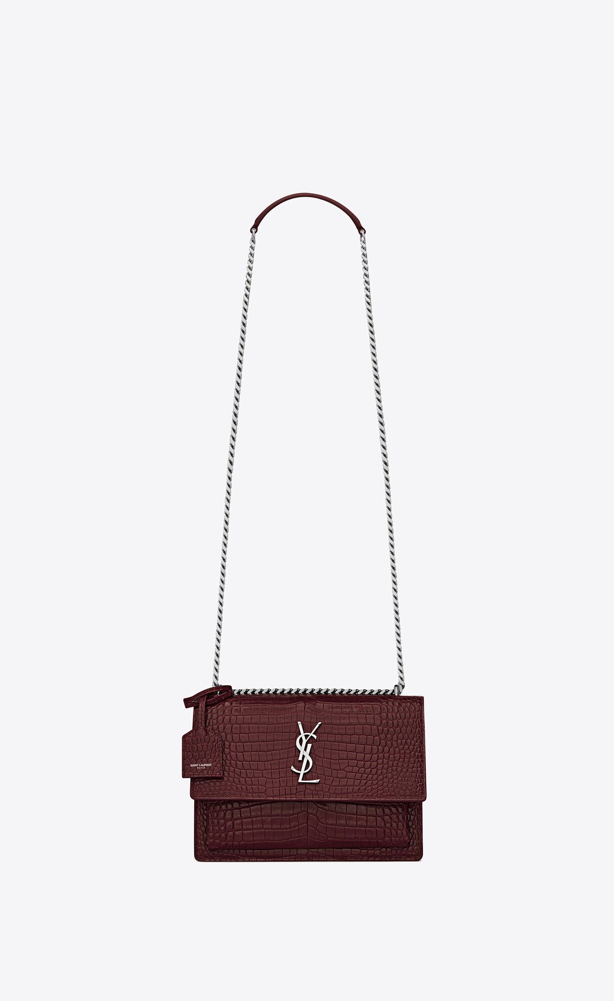 Saint Laurent Sunset Medium Chain Bag In Crocodile Embossed Shiny Leather – Rouge Legion – 442906DND0N6475