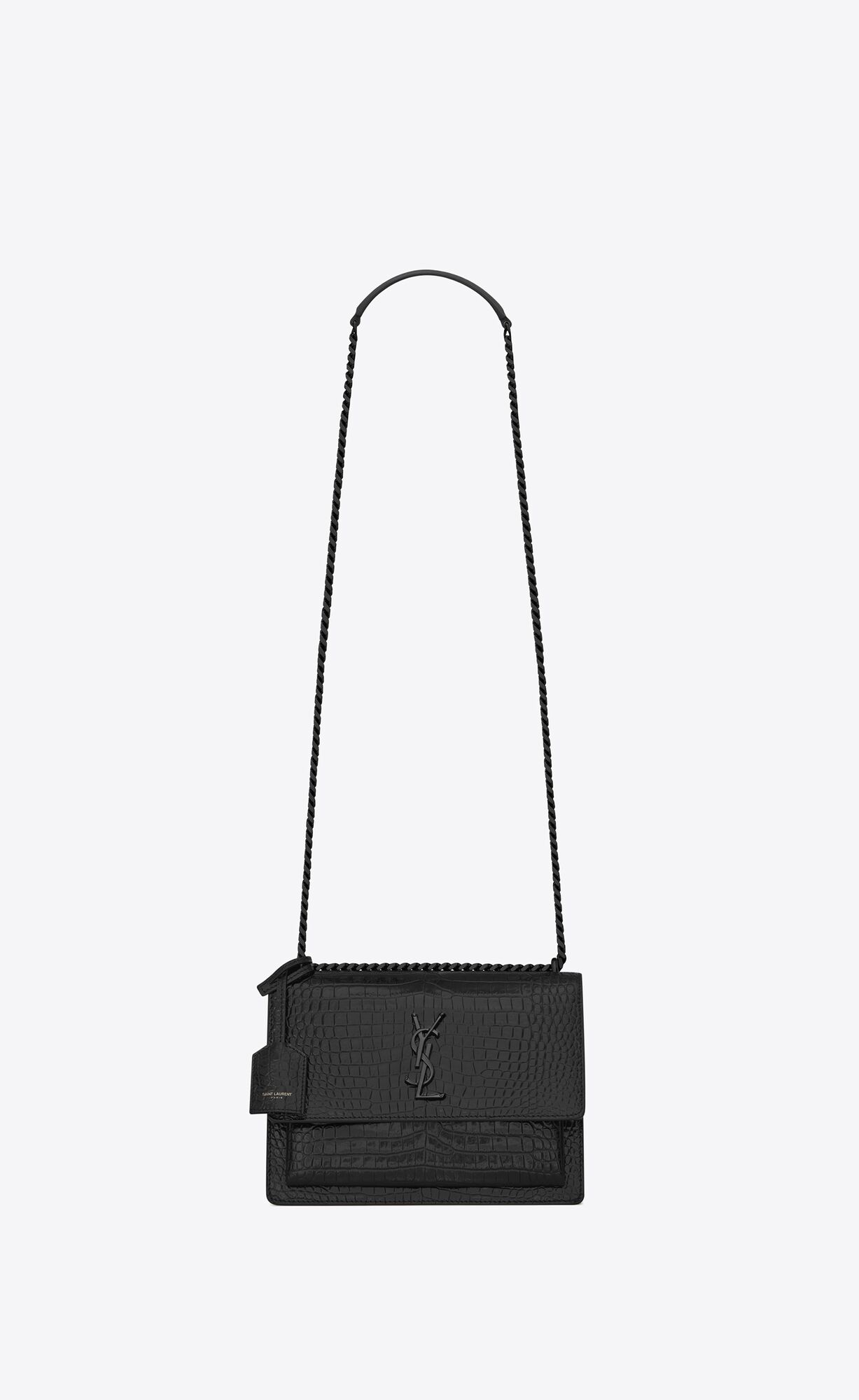 Saint Laurent Sunset Medium Chain Bag In Crocodile Embossed Shiny Leather – Noir – 442906DND0U1000