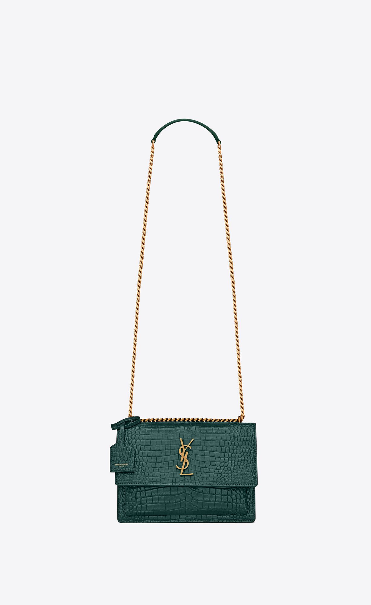 Saint Laurent Sunset Medium Chain Bag In Shiny Crocodile-embossed Leather – Sea Turquoise – 442906DND0W4417