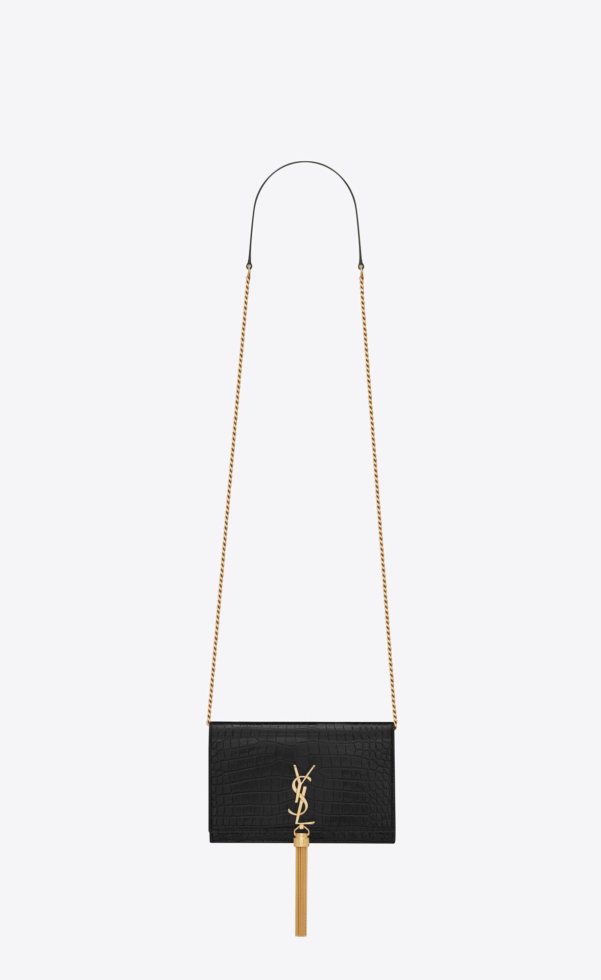 Saint Laurent Kate Chain Wallet With Tassel In Crocodile-embossed Shiny Leather – Black – 452159DND1J1000