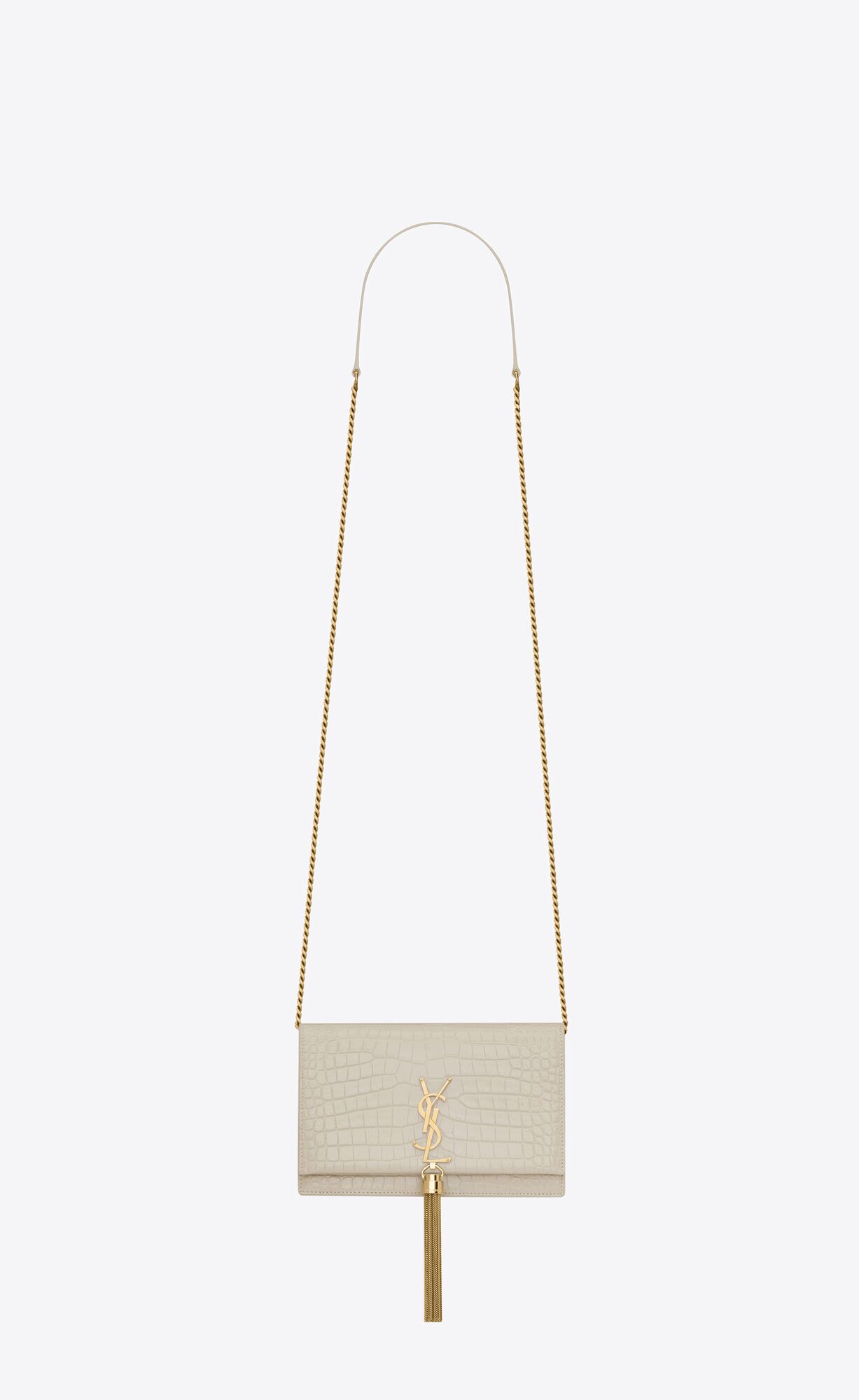 Saint Laurent Kate Chain Wallet With Tassel In Crocodile-embossed Shiny Leather – Blanc Vintage – 452159DND1J9207