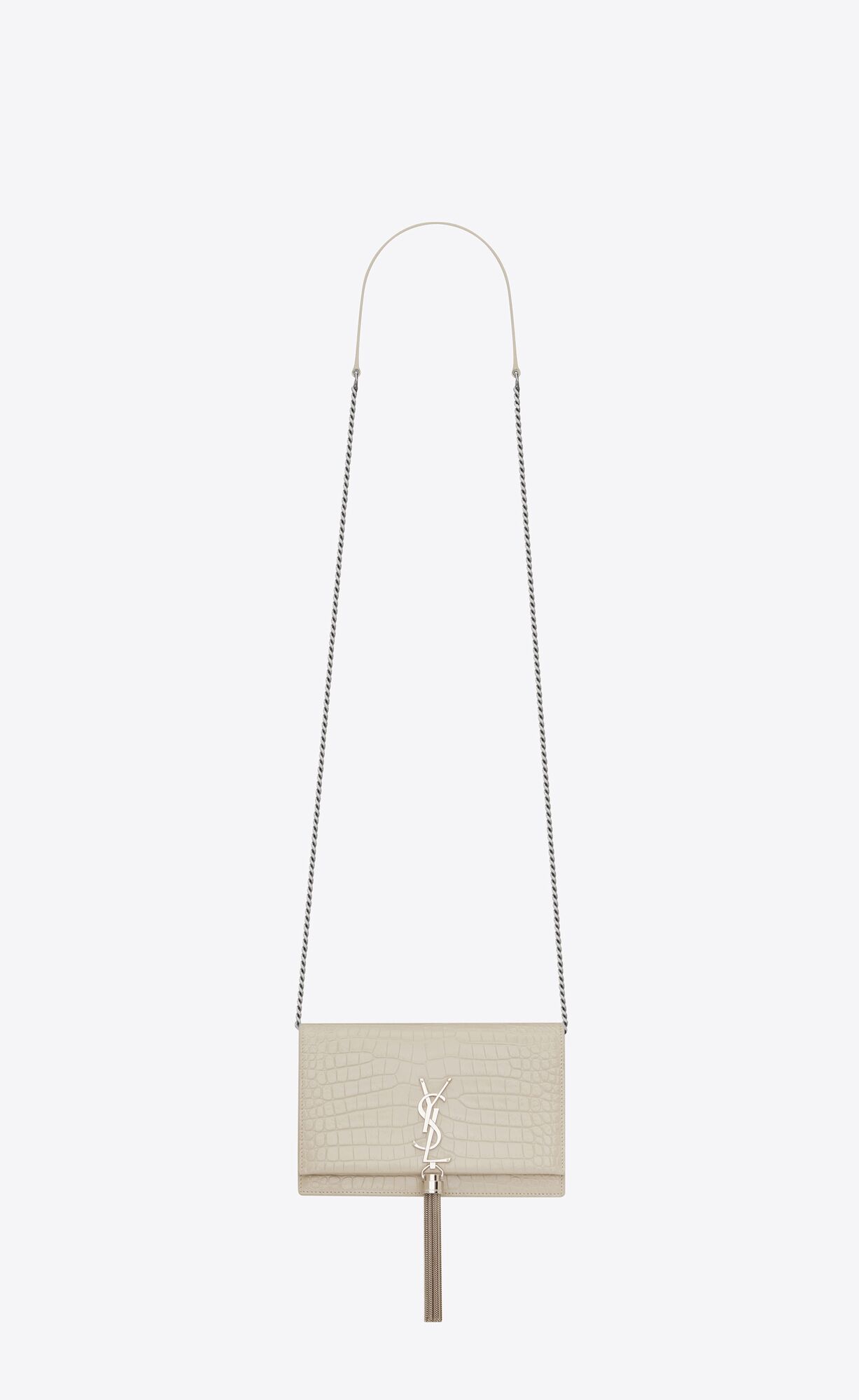 Saint Laurent Kate Chain Wallet With Leather Tassel In Crocodile-embossed Leather – Blanc Vintage – 452159DND1N9207