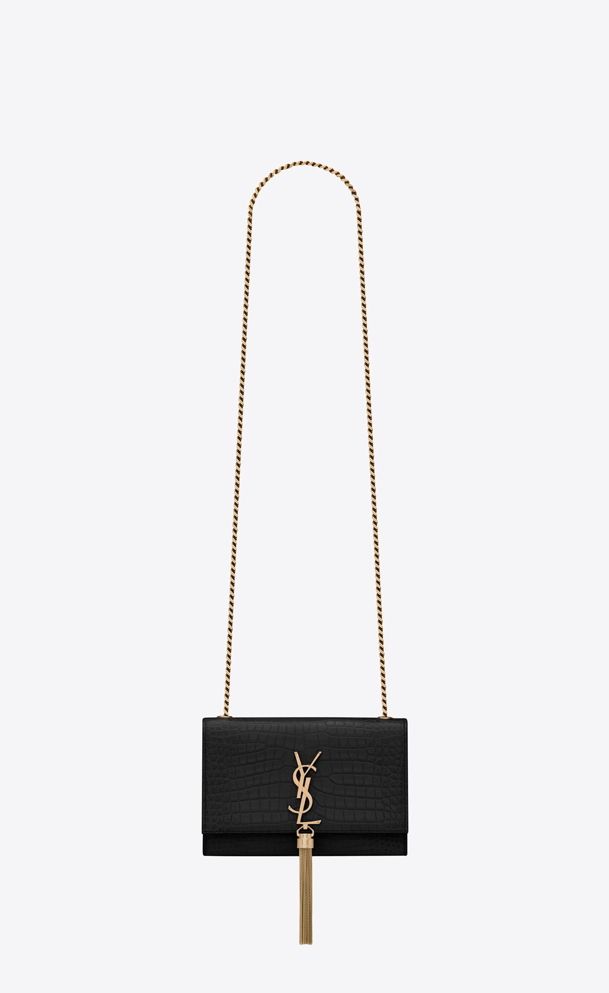 Saint Laurent Kate Small Chain Bag With Tassel In Crocodile-embossed Shiny Leather – Black – 474366DND0J1000