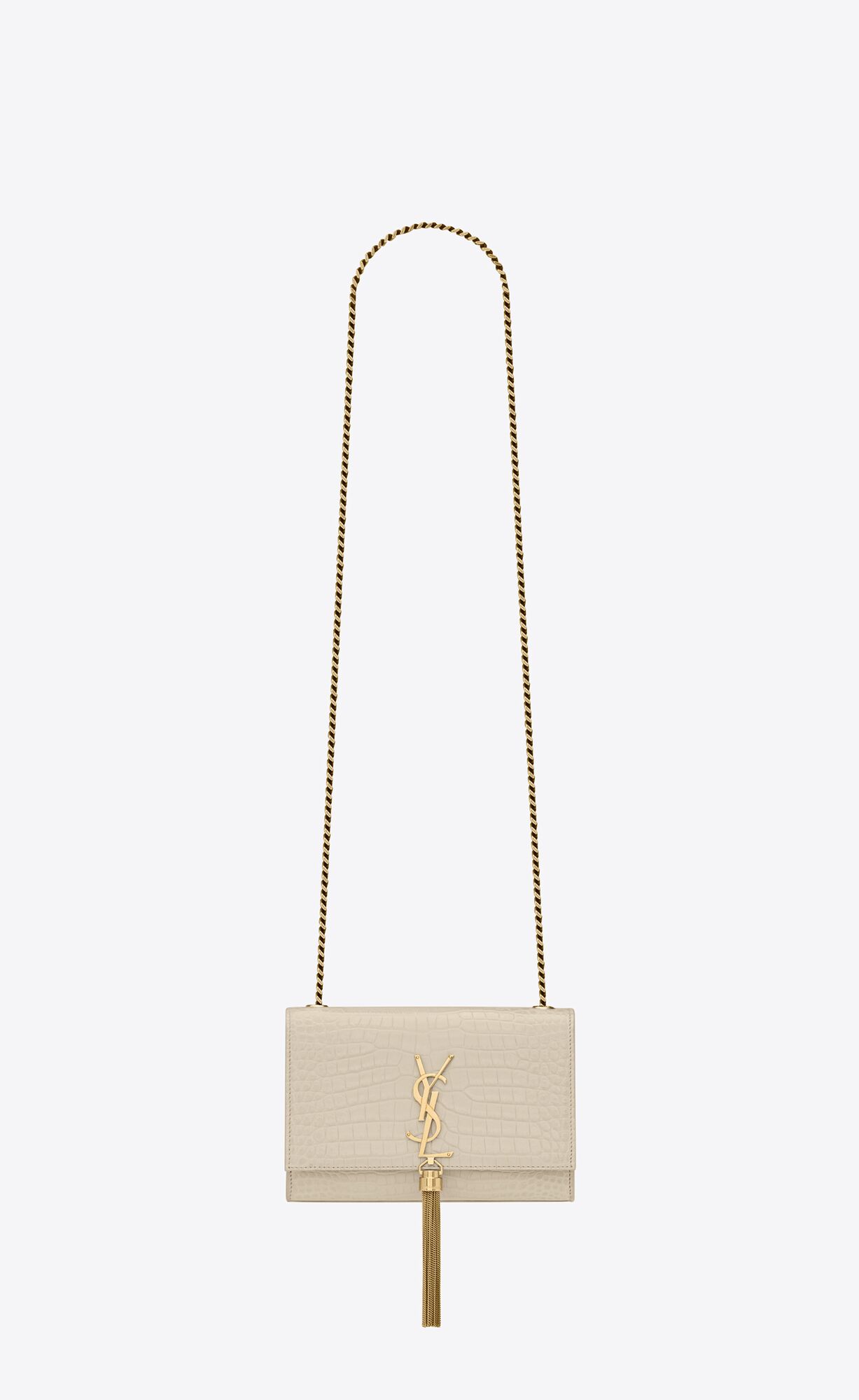 Saint Laurent Kate Small Chain Bag With Tassel In Crocodile-embossed Shiny Leather – Blanc Vintage – 474366DND0J9207