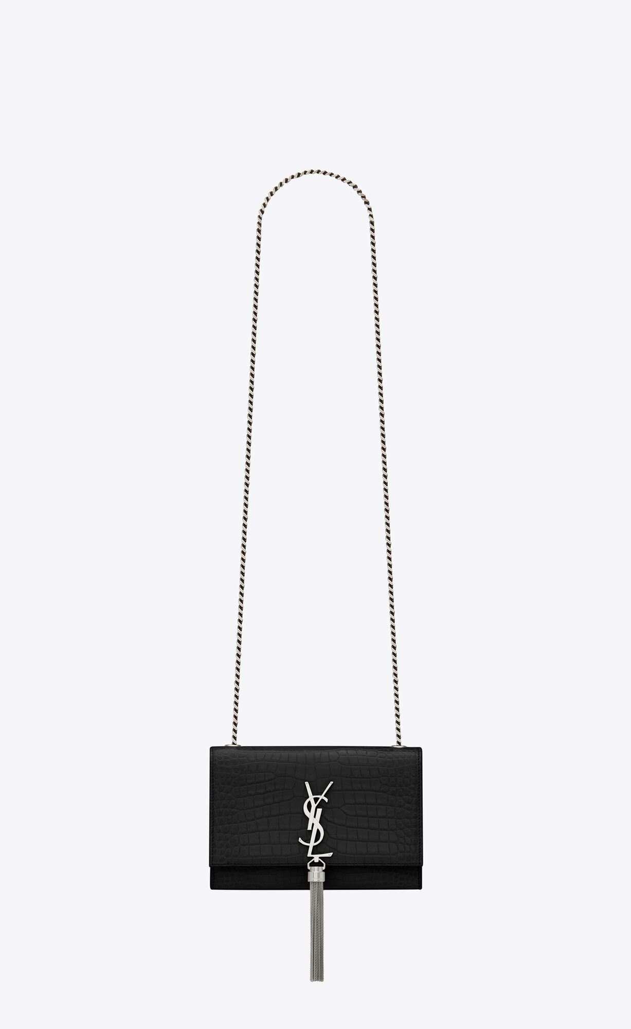 Saint Laurent Kate Small Chain Bag With Tassel In Embossed Crocodile Shiny Leather – Black – 474366DND0N1000