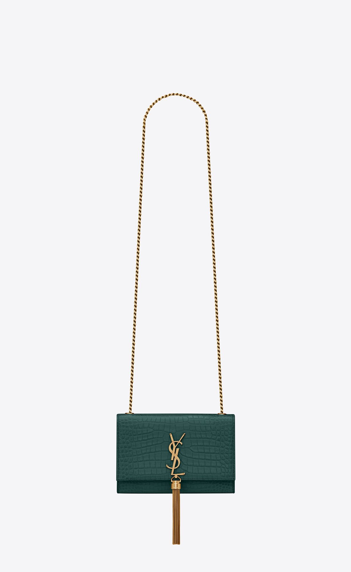 Saint Laurent Kate Small Chain Bag With Tassel In Shiny Crocodile-embossed Leather – Sea Turquoise – 474366DND0W4417
