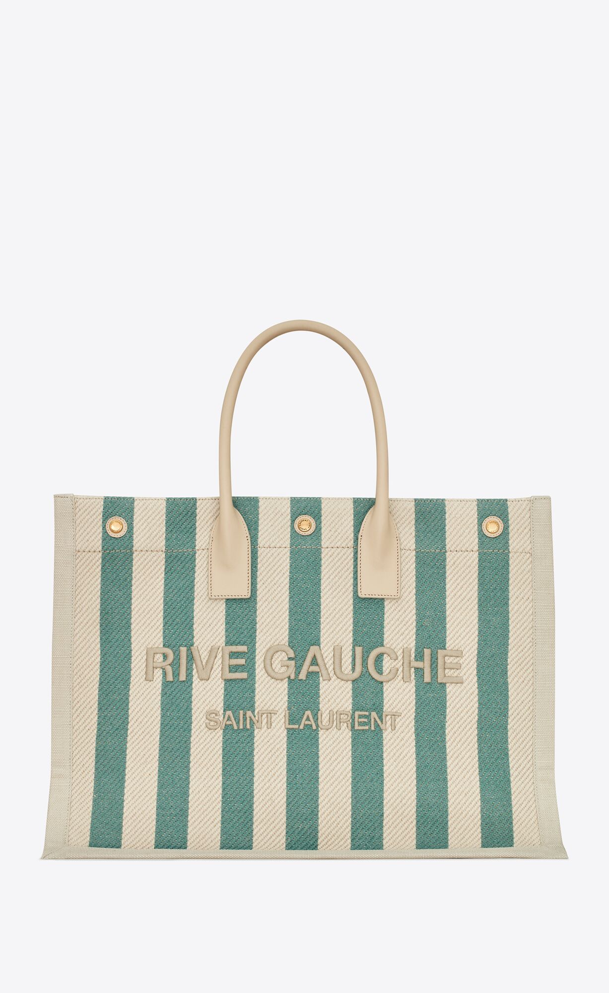 Saint Laurent Rive Gauche Tote Bag In Striped Canvas And Smooth Leather – Water Green – 499290FAAD51680