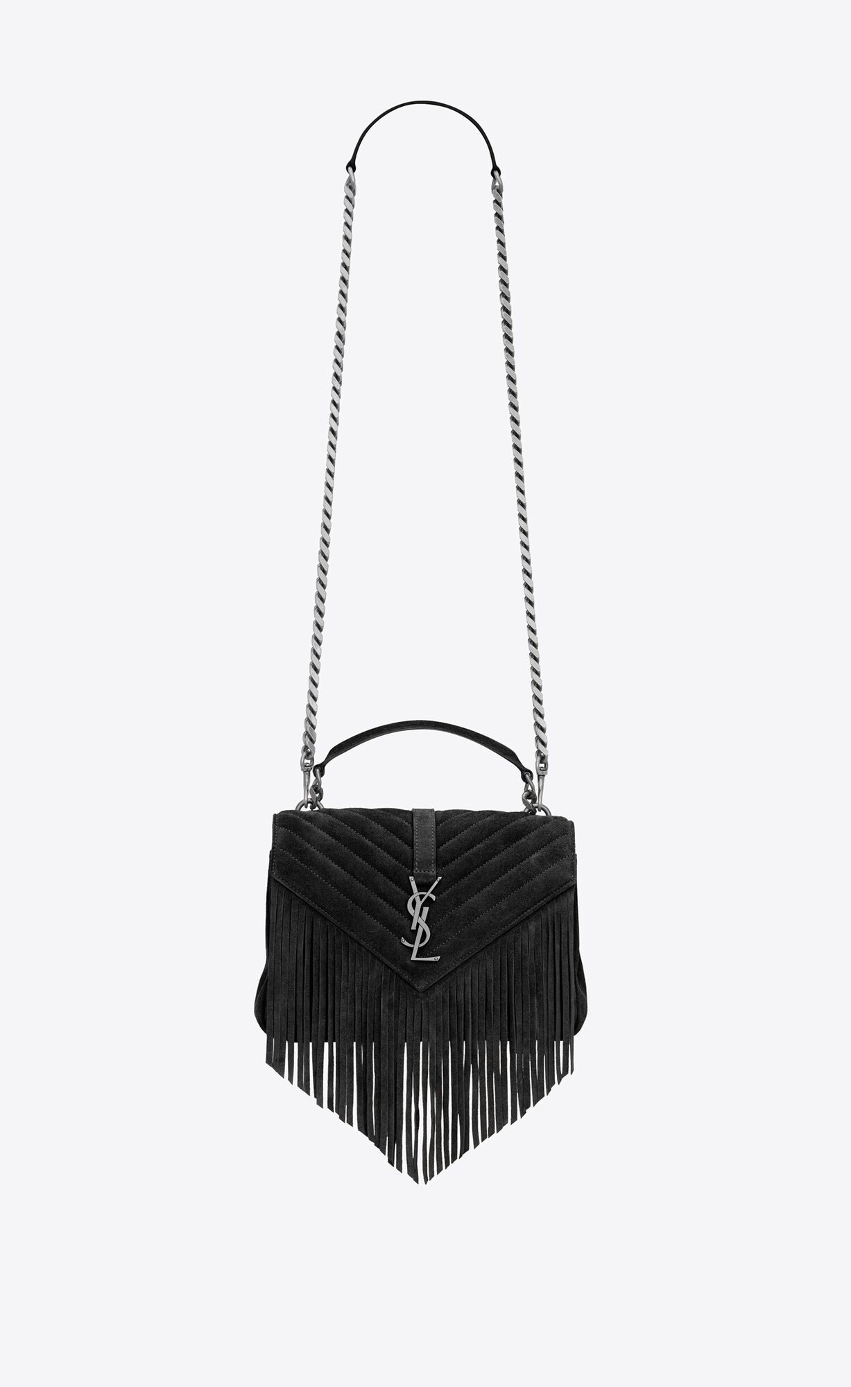 Saint Laurent College Medium Chain Bag In Light Suede With Fringes – Noir – 5317050U0I41000
