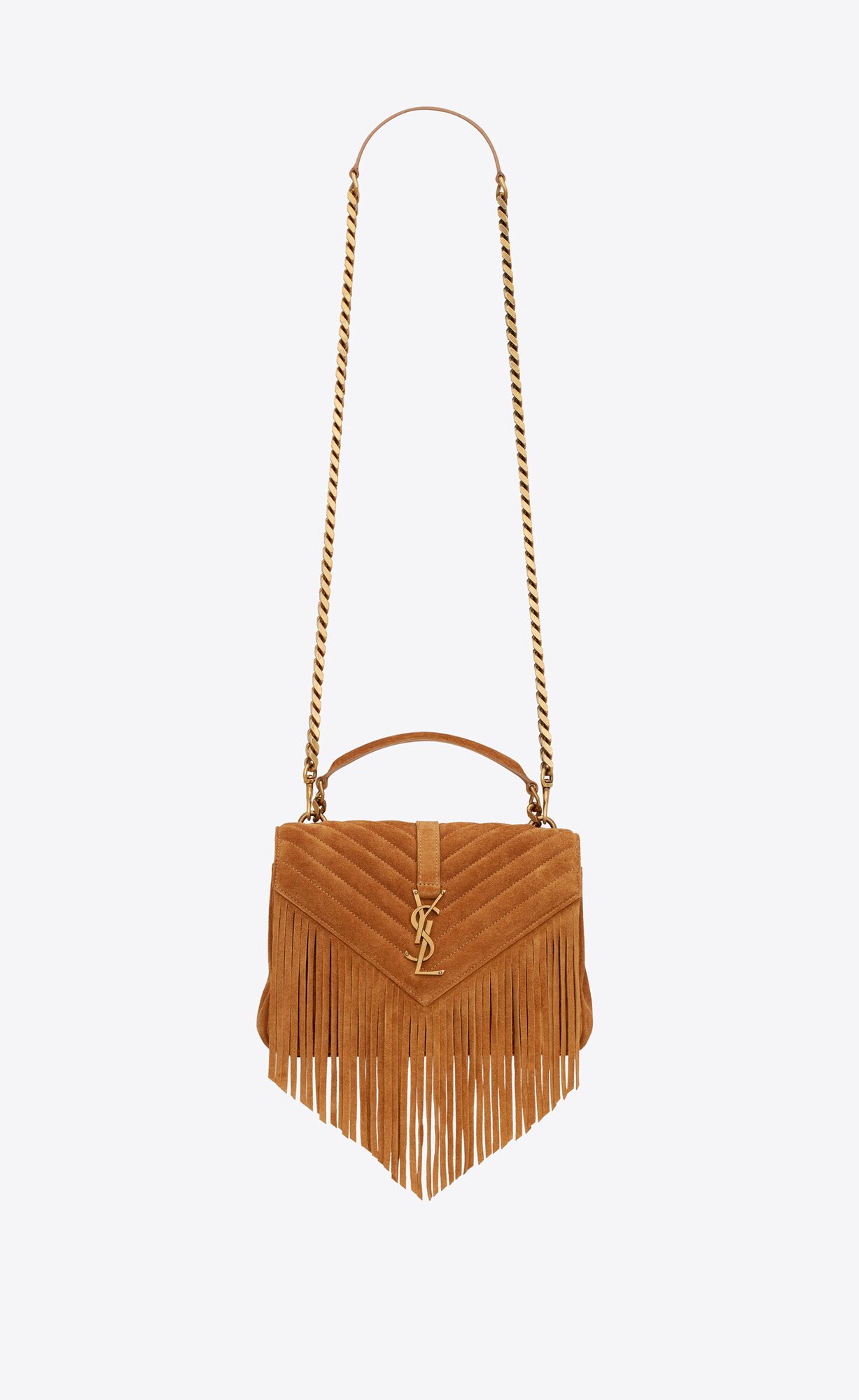 Saint Laurent College Medium Chain Bag In Light Suede With Fringes – Cinnamon – 5317050U0K77761