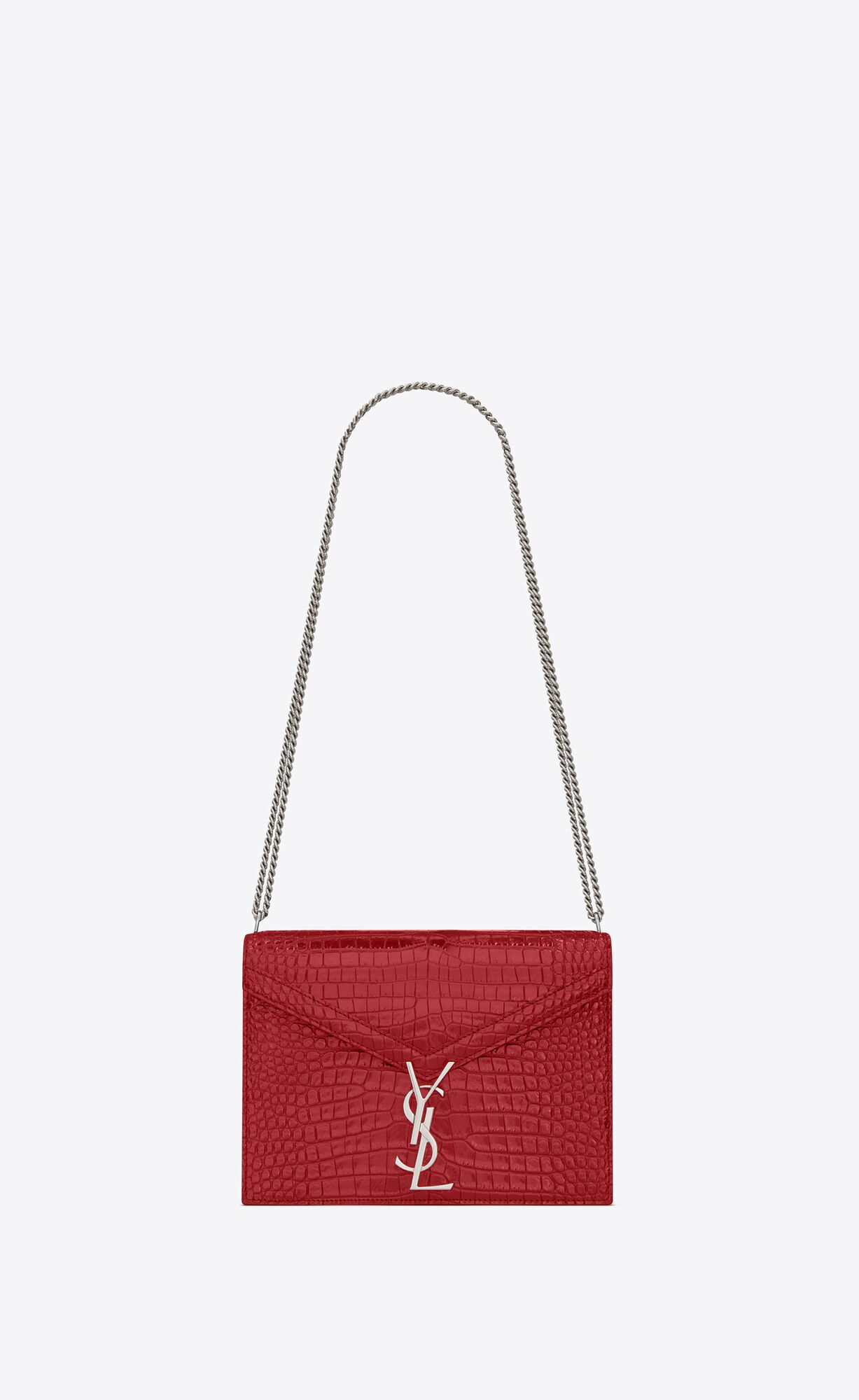 Saint Laurent Cassandra Medium Chain Bag In Crocodile Embossed Shiny Leather – Rouge Eros – 532750DND0N6805