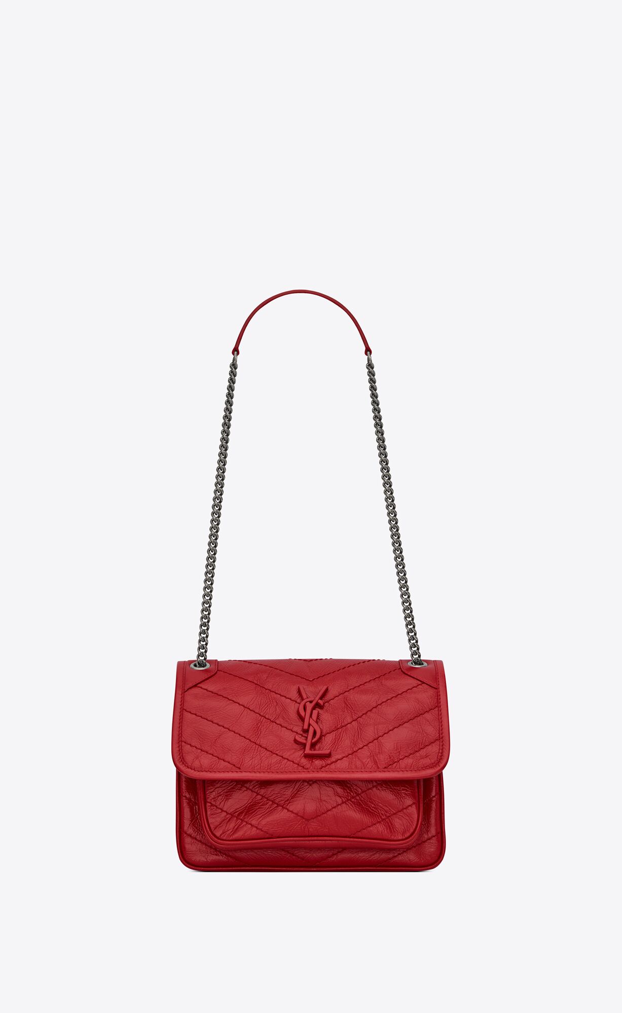 Saint Laurent Niki Baby In Crinkled Vintage Leather – Rouge Eros – 5330370EN046805