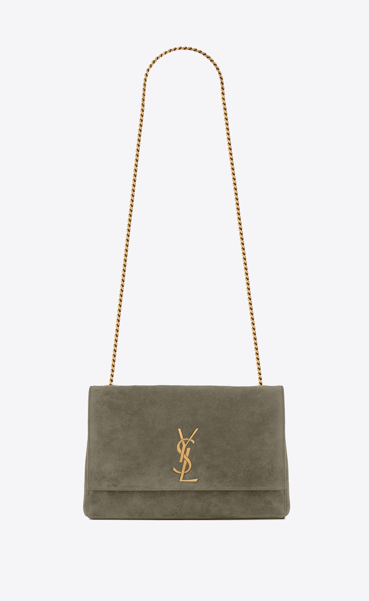 Saint Laurent Kate Medium Reversible Chain Bag In Shiny Leather And Suede – Grey Khaki – 5538040UD7W1229