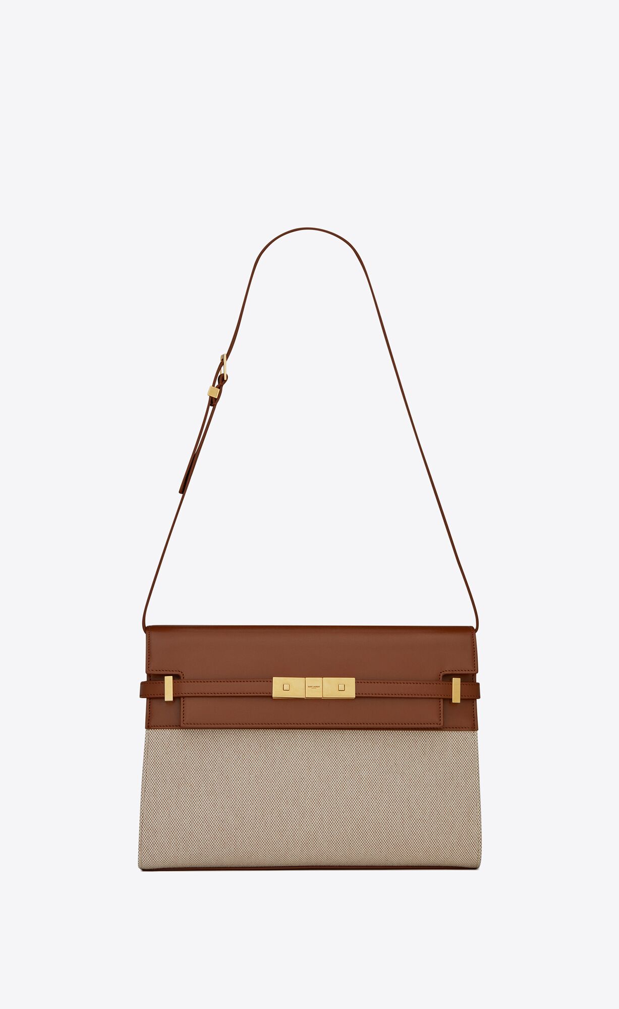 Saint Laurent Manhattan Shoulder Bag In Canvas And Leather – Natural Beige & Brick – 579271HZD2J9380