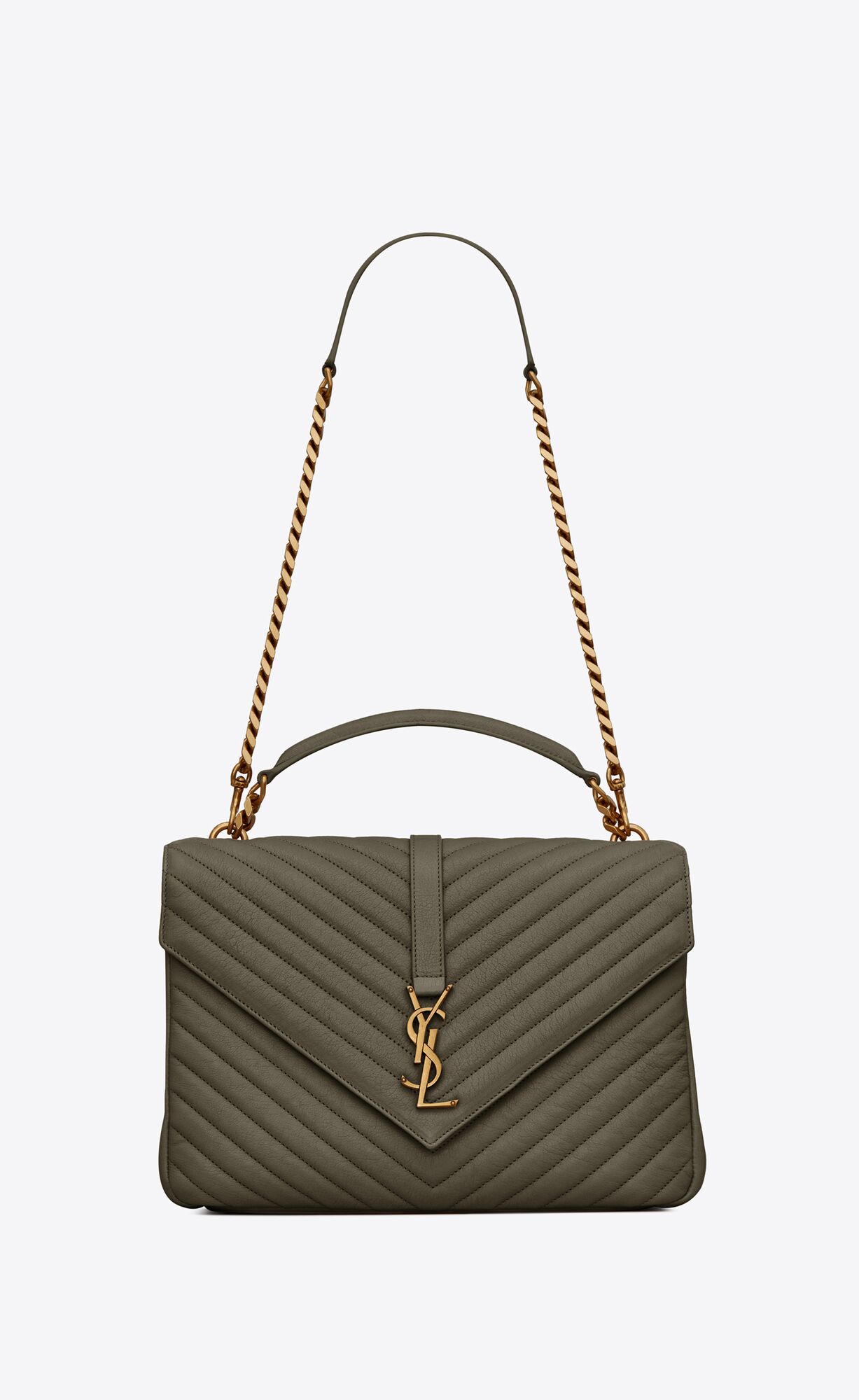 Saint Laurent College Large Chain Bag In Quilted Leather – Grey Khaki – 600278BRM071229