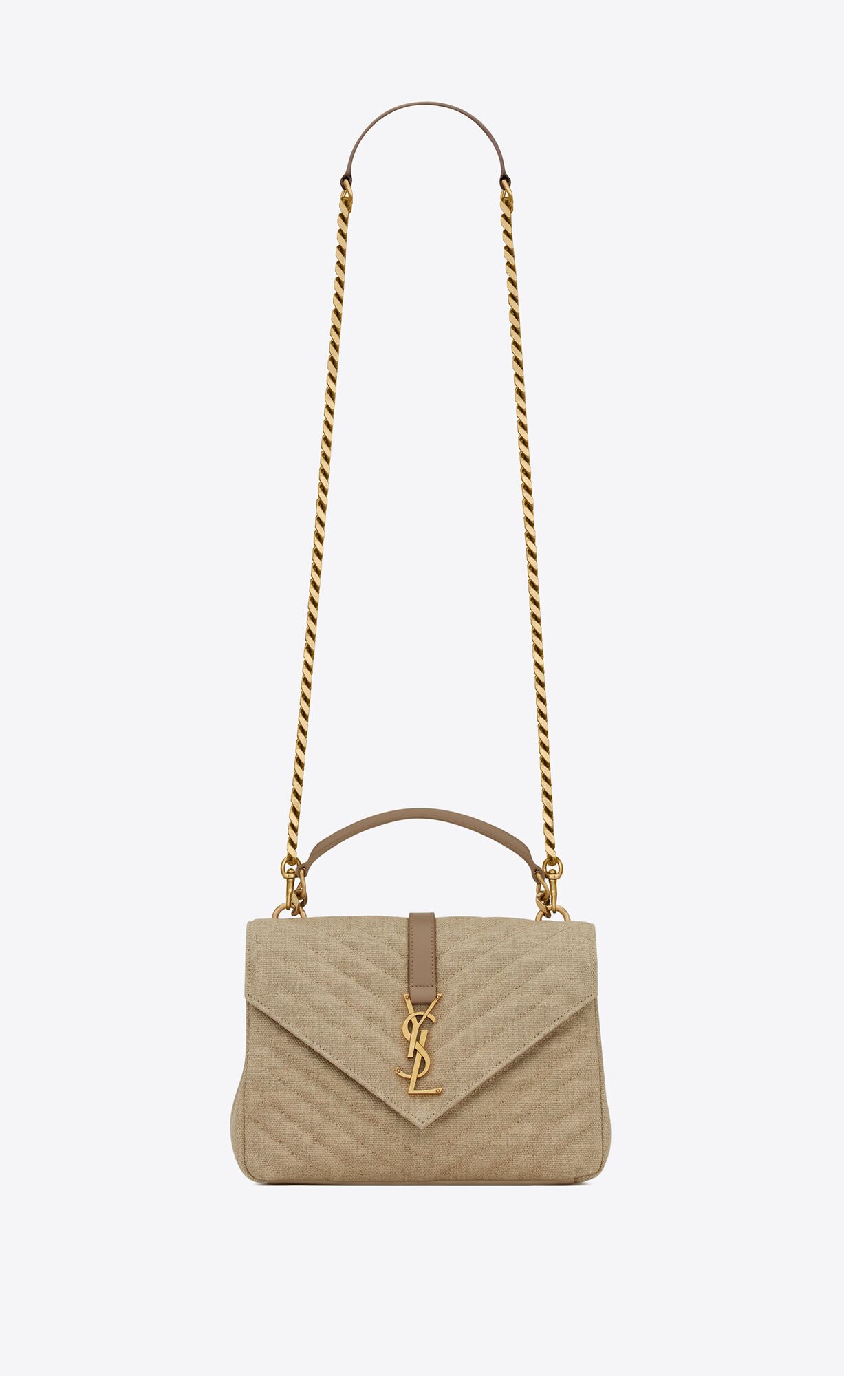 Saint Laurent College Medium Chain Bag In Quilted Linen Canvas And Leather – Taupe – 6002792M5179673
