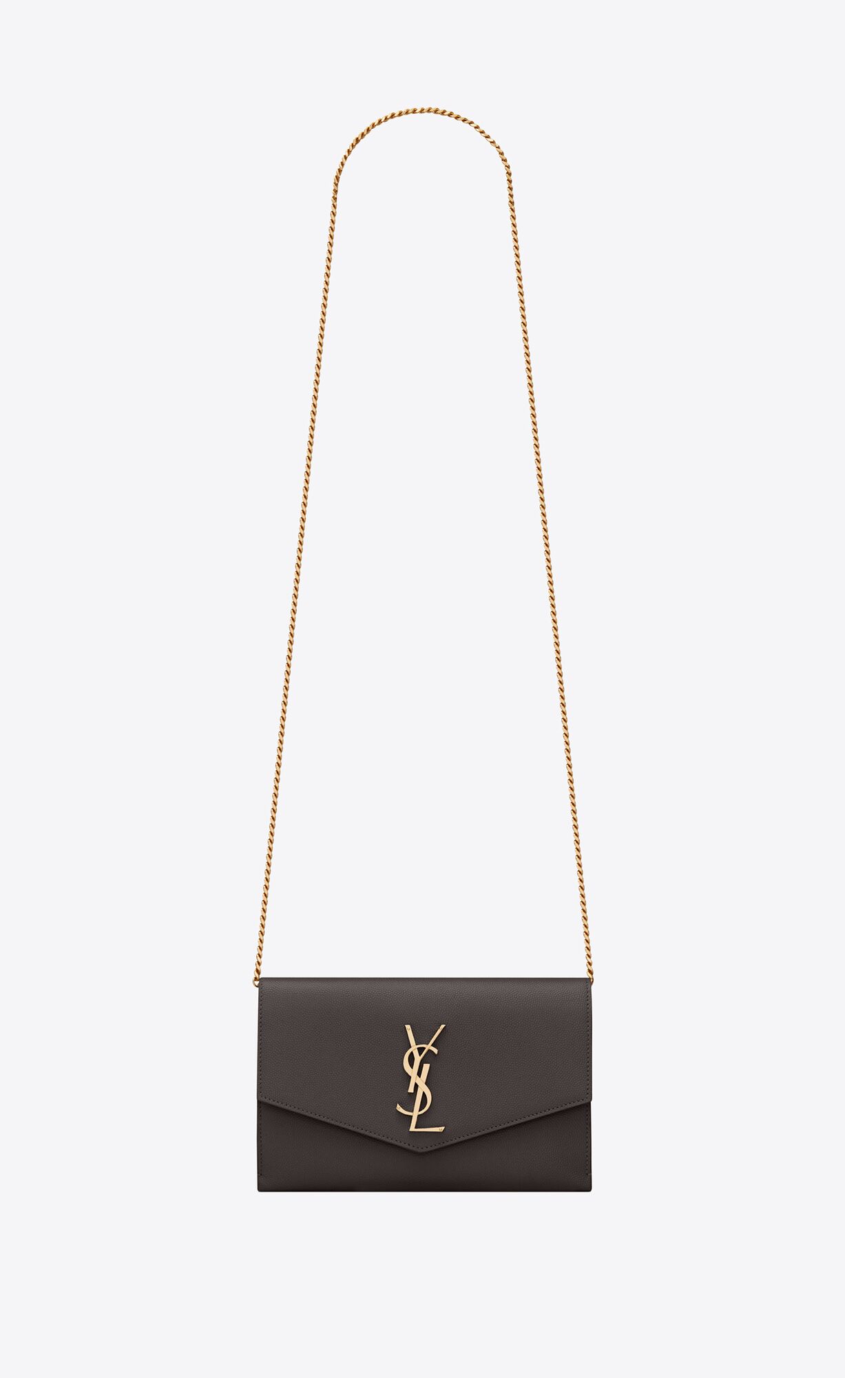 Saint Laurent Uptown Chain Wallet In Grain De Poudre Embossed Leather – Pebble – 6077881GF0J1011