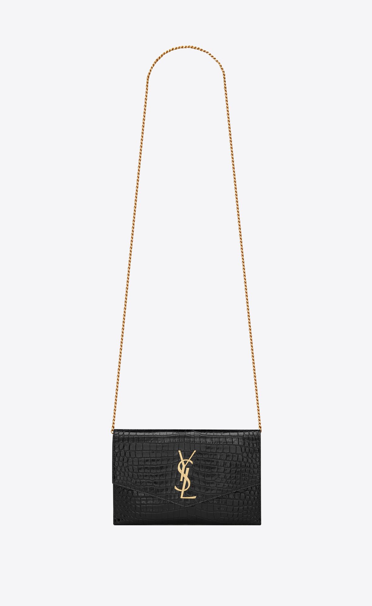 Saint Laurent Uptown Chain Wallet In Crocodile-embossed Shiny Leather – Noir – 607788DND1J1000