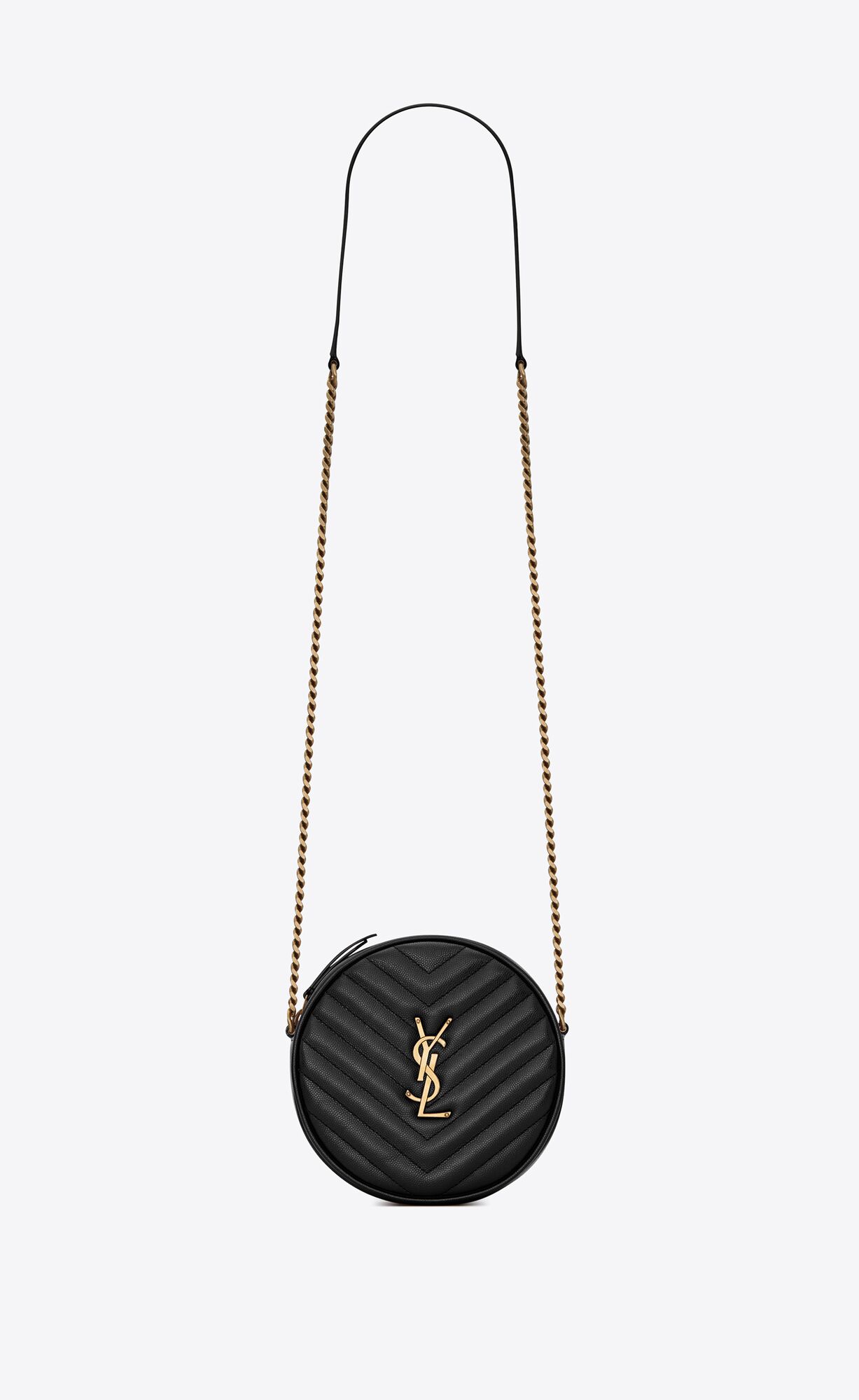 Saint Laurent Vinyle Round Camera Bag In Chevron-quilted Grain De Poudre Embossed Leather – Black – 6104361GF071000