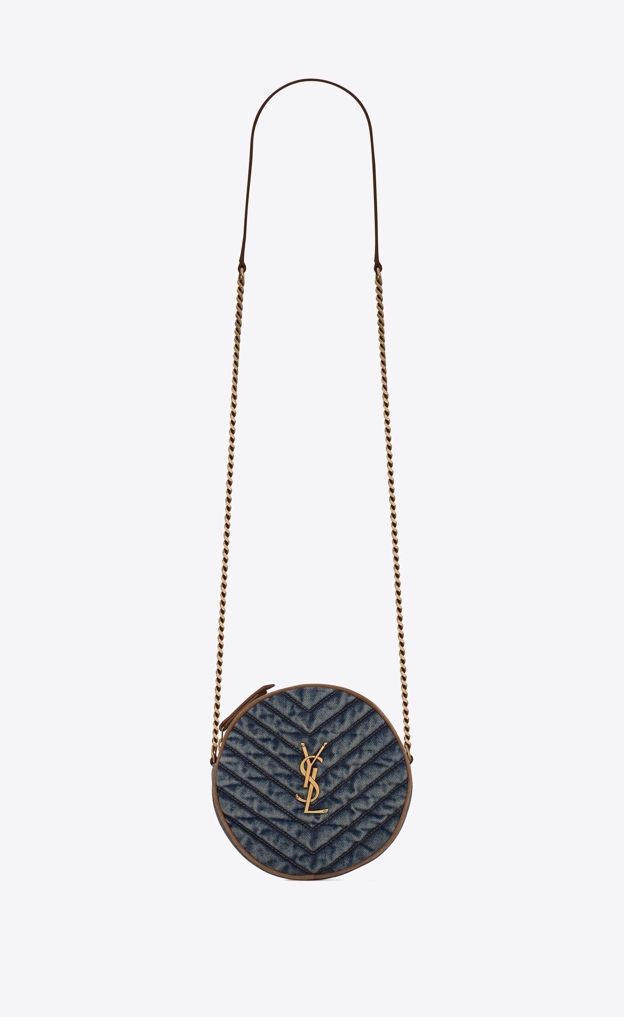 Saint Laurent Vinyle Round Camera Bag In Chevron-quilted Denim And Suede – Rodeo Blue – 6104362PT674575