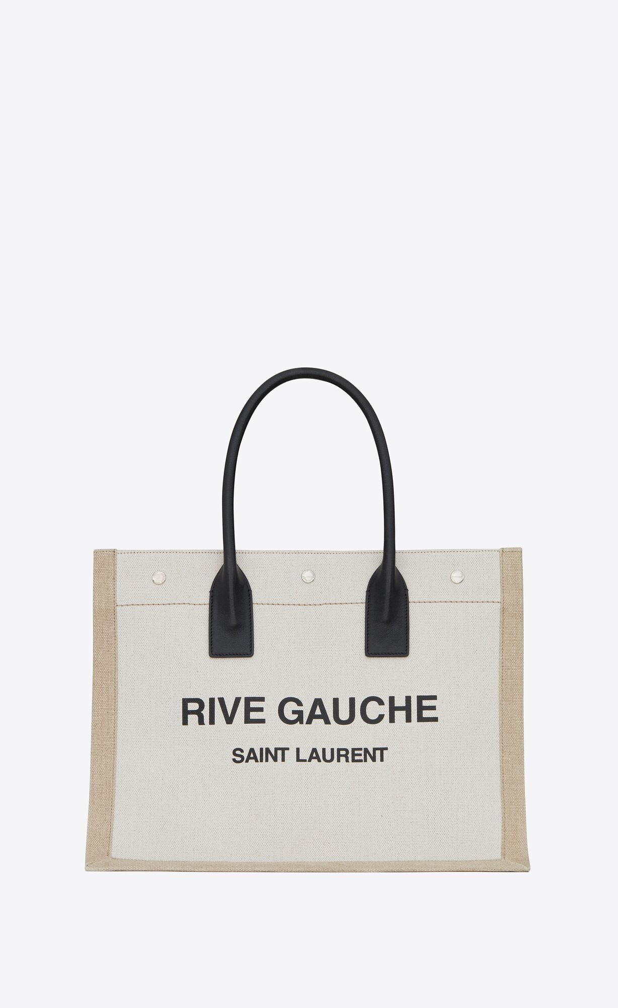 Saint Laurent Rive Gauche Small Tote Bag In Linen And Leather – Greige / Black + Natural + Black – 617481FAABR9054