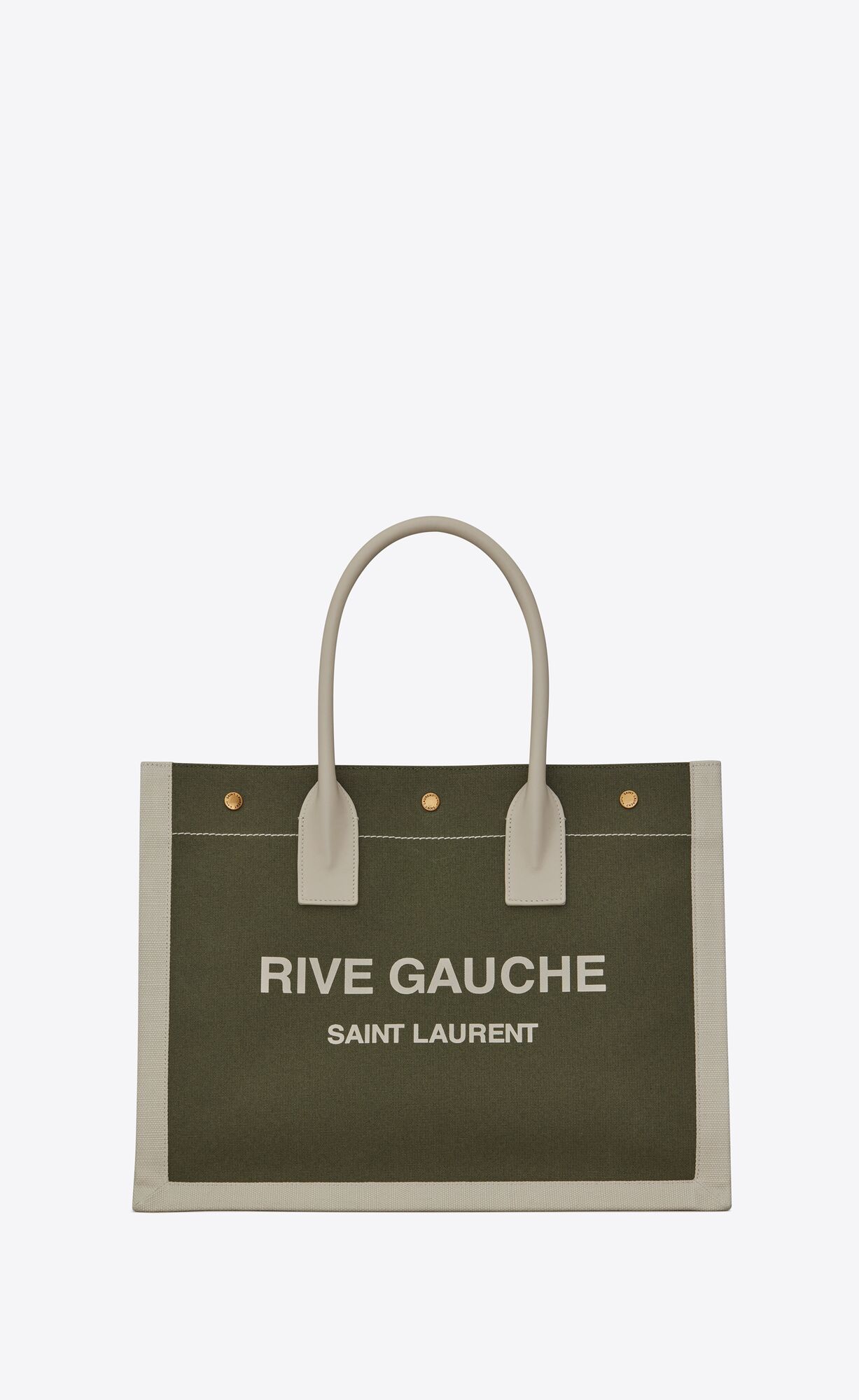 Saint Laurent Rive Gauche Small Tote Bag In Linen And Leather – Military Green And Blanc Vintage – 617481FAADI3281