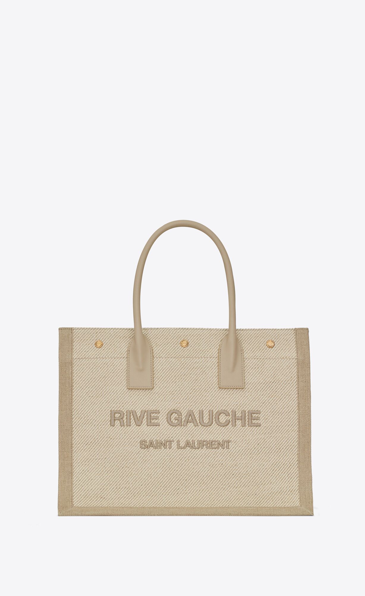 Saint Laurent Rive Gauche Small Tote Bag In Linen And Leather – Beige, Sea Salt – 617481FAADJ9784