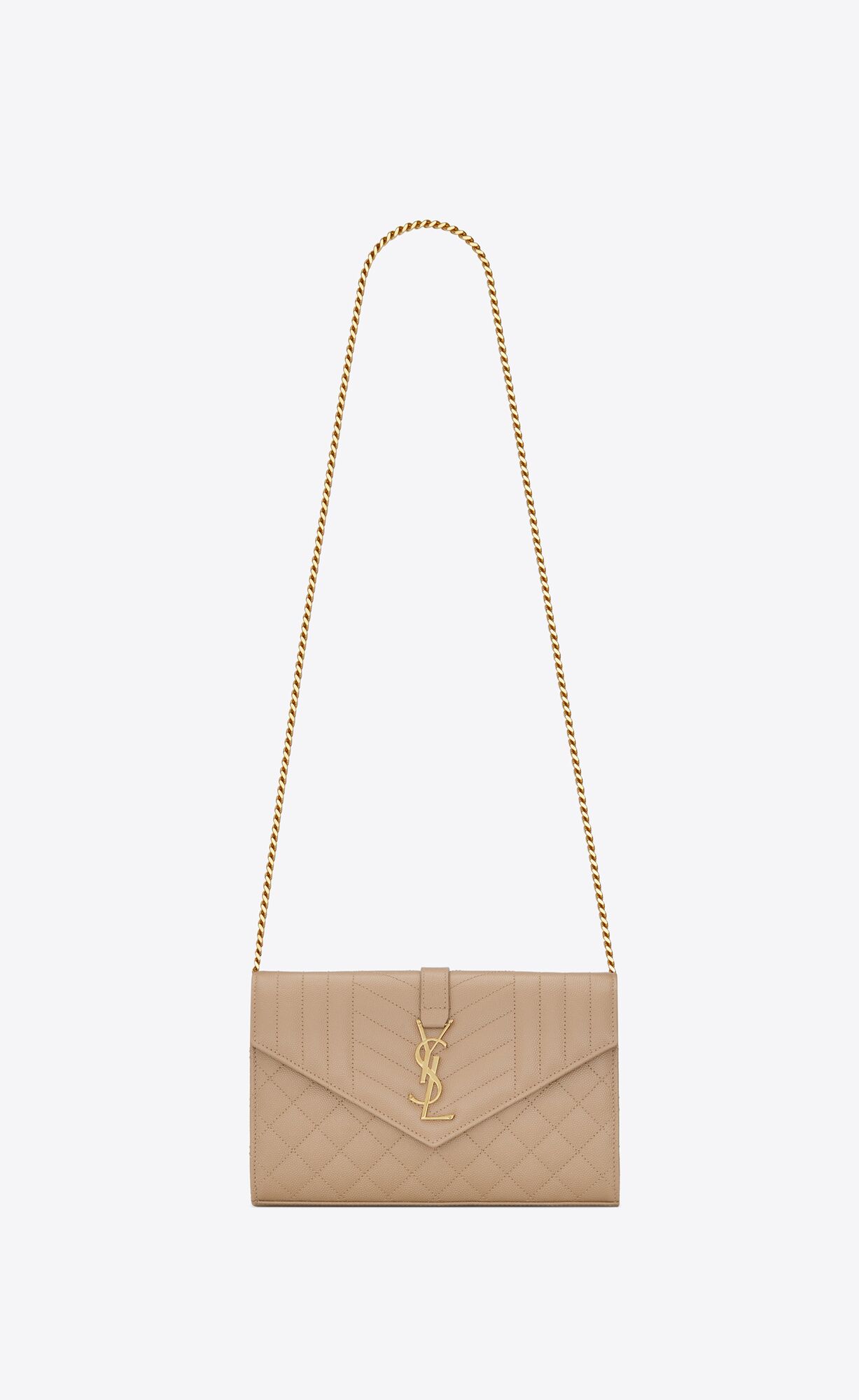Saint Laurent Monogram Chain Wallet In Mix Matelassé Grain De Poudre Embossed Leather – Dark Beige – 620280BOW912721