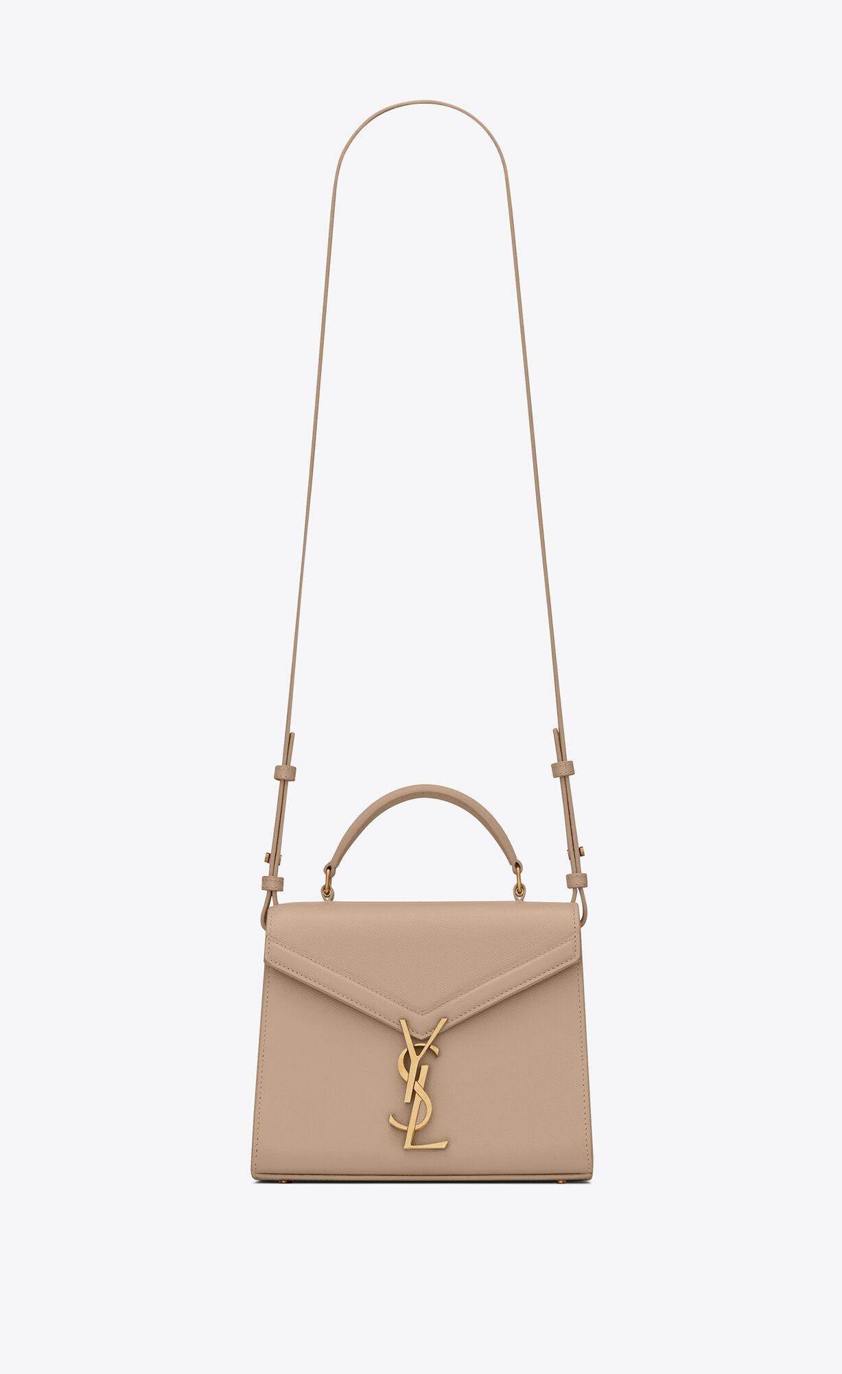 Saint Laurent Cassandra Mini Top Handle Bag In Grain De Poudre Embossed Leather – Dark Beige – 623930BOW0W2721