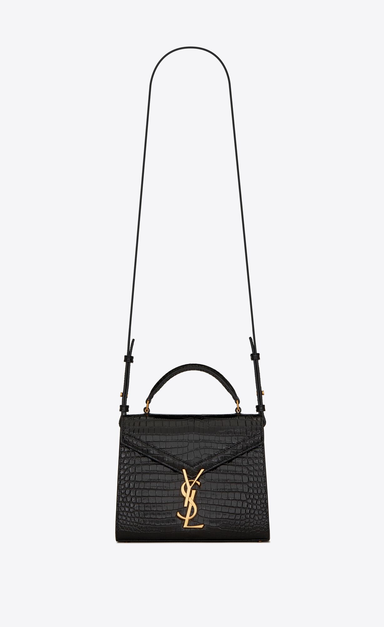 Saint Laurent Cassandra Mini Top Handle Bag In Crocodile-embossed Shiny Leather – Black – 623930DND0J1000