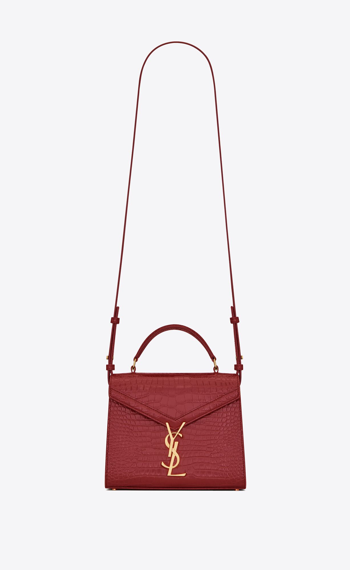 Saint Laurent Cassandra Mini Top Handle Bag In Crocodile-embossed Leather – Rouge Opyum – 623930DND0W6008