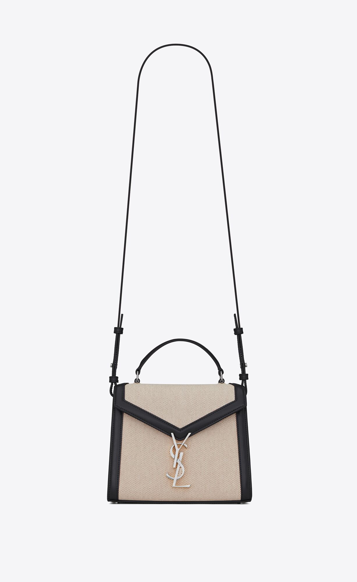Saint Laurent Cassandra Mini Top Handle Bag In Canvas And Smooth Leather – Natural Beige – 623930HZD2N9372