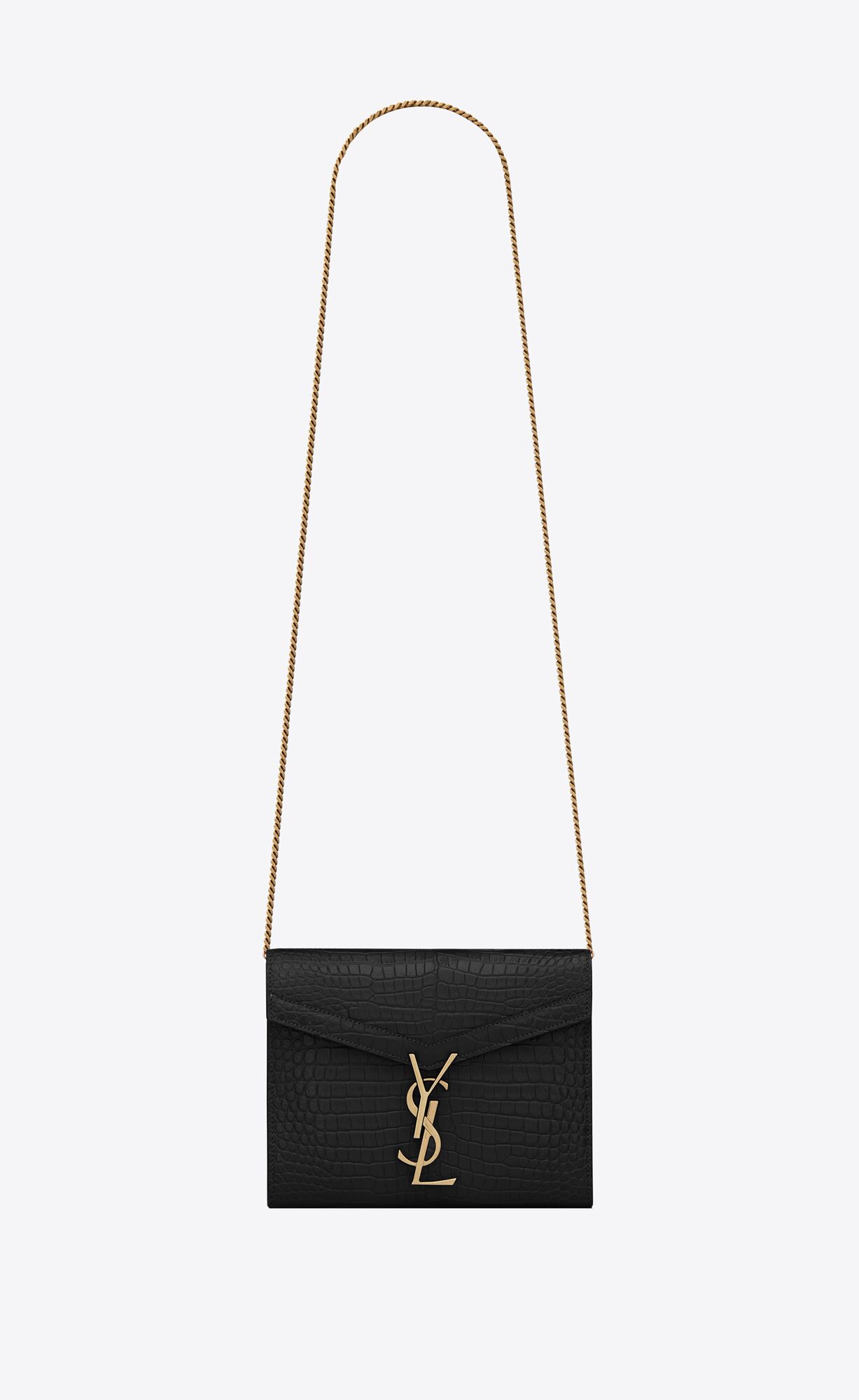 Saint Laurent Cassandra Chain Wallet In Crocodile-embossed Shiny Leather – Black – 635023DND5W1000