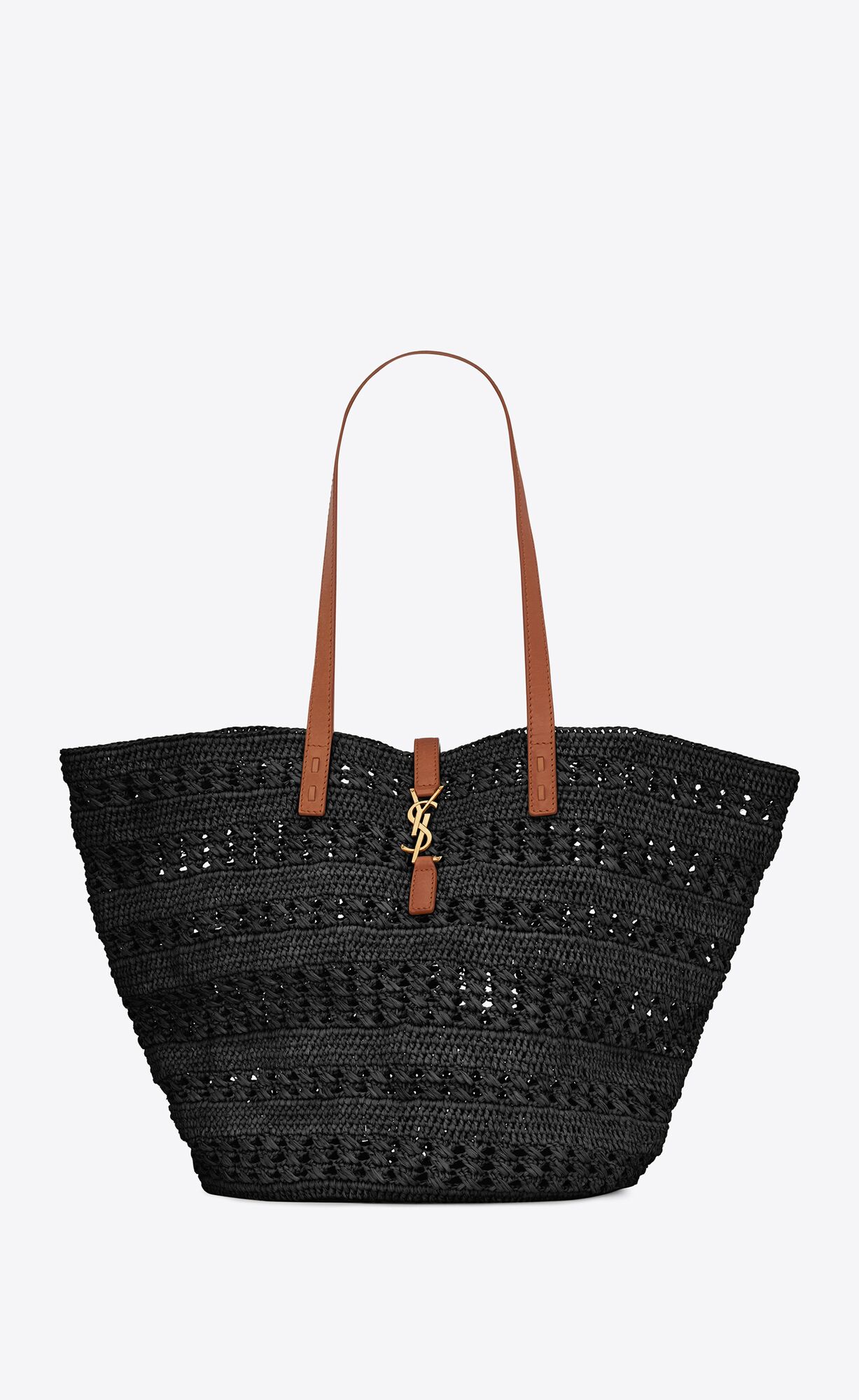 Saint Laurent Panier Medium Bag In Crochet Raffia And Smooth Leather – Noir – 688221GAAAC1062