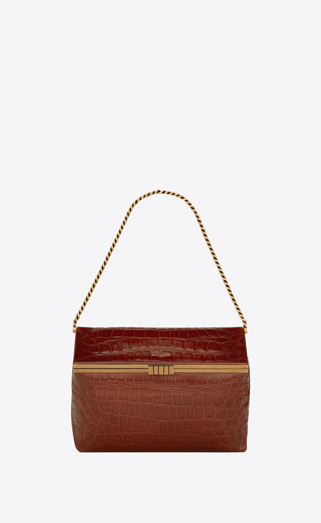 Saint Laurent Fanny Medium Chain Bag In Crocodile-embossed Lacquered Leather – Caramel, Dark Caramel – 6982022US1W2582